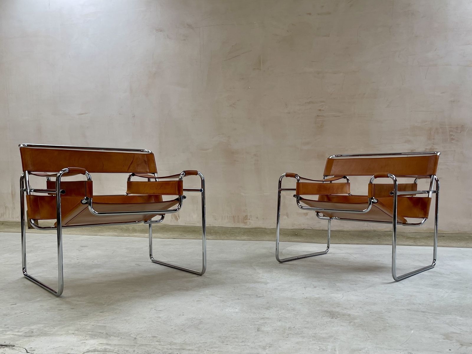 Furniture Wassily B3 Chair. Pair. By Fasem Not Knoll For Marcel Breuer. Brown Tan Leather And Chrome Bauhaus Lounge Club Accent Chairs. photo