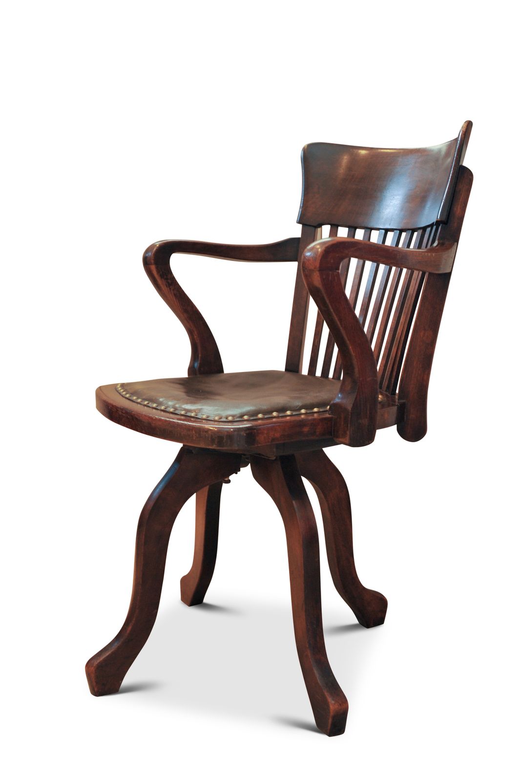 Victorian Oak & Leather Rail Back Revolving Desk Chair With Stud Detailing