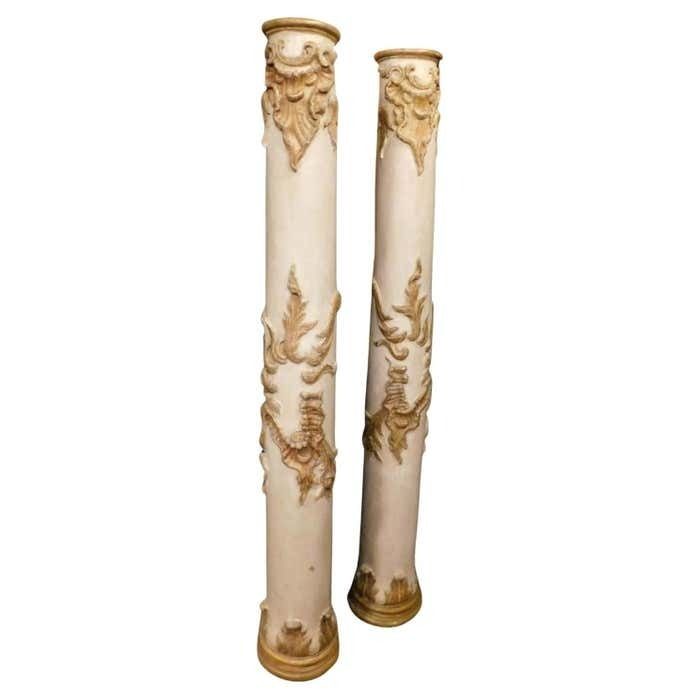 Pair Of Interior Columns In Carved, Lacquered And Gilded Wood, Italy