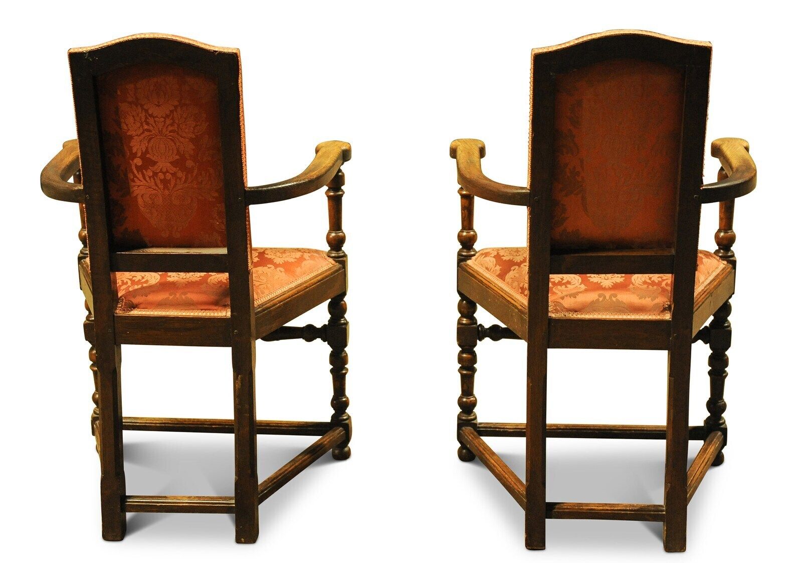 A Pair Of Oak Turned Elbow Chairs In An Early English Style With Rails And Stretchers With A Burnt Orange Damask Upholstery photo vinterior