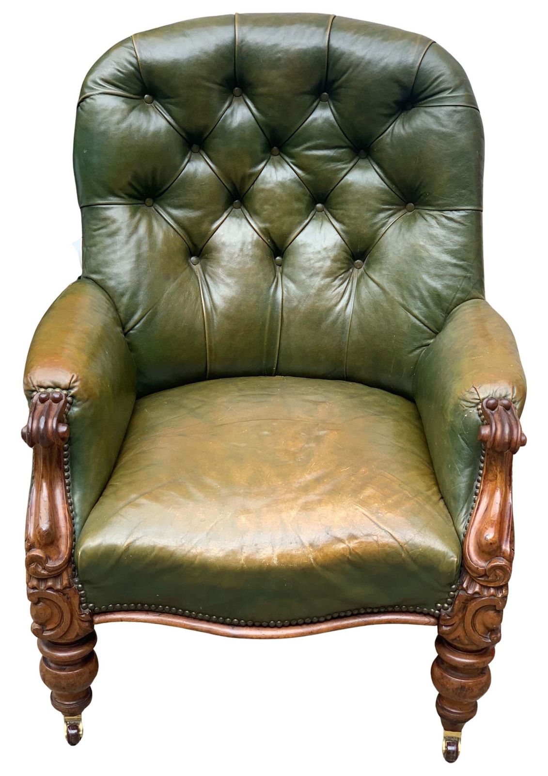 Victorian Polished Racing Green Leather Chesterfield Armchair With Brass Stud Detailing On Brown Porcelain Castors photo for sale