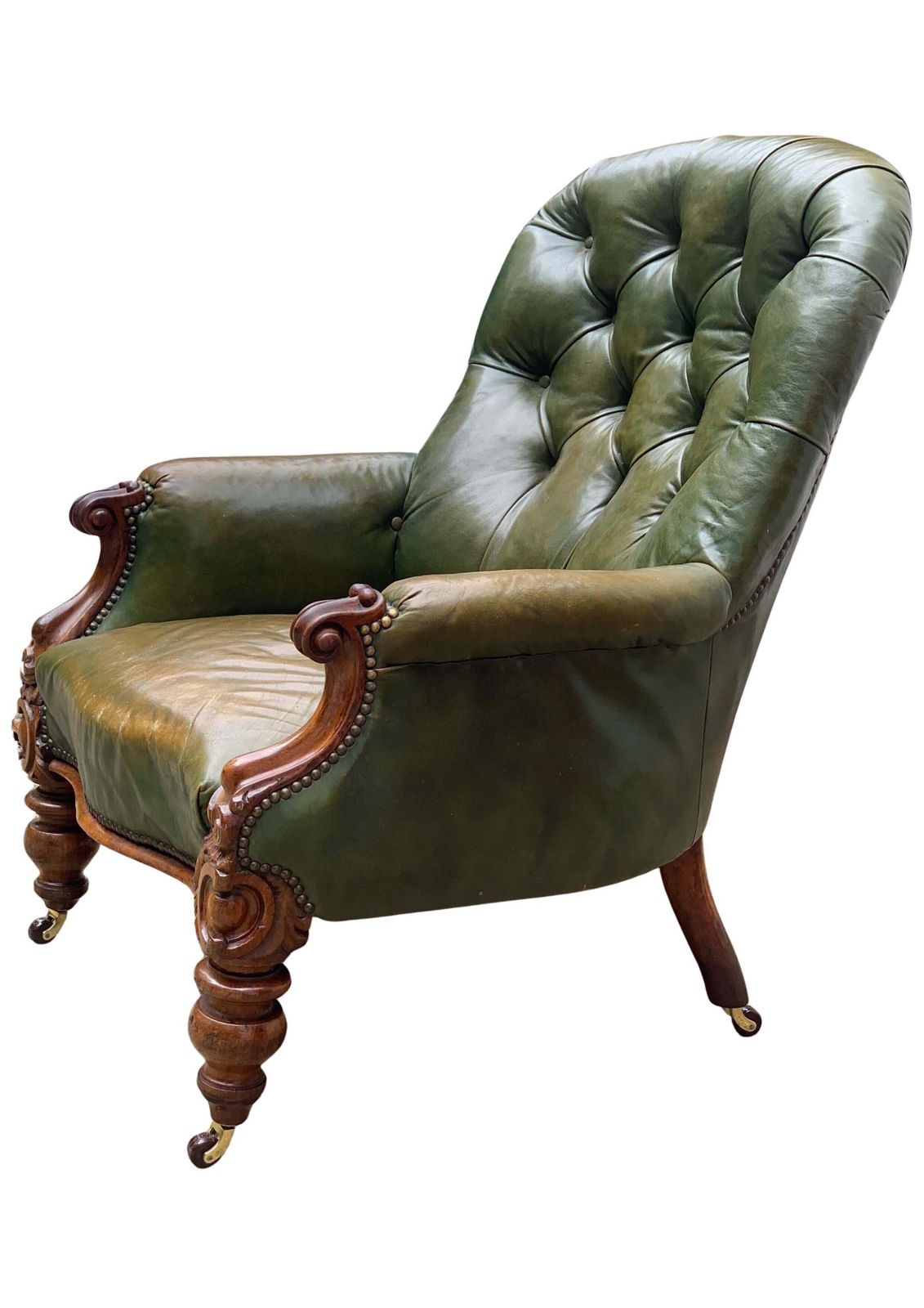 Victorian Polished Racing Green Leather Chesterfield Armchair With Brass Stud Detailing On Brown Porcelain Castors photo furniture