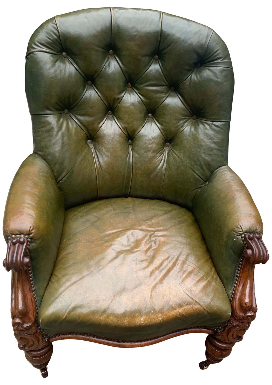 Victorian Polished Racing Green Leather Chesterfield Armchair With Brass Stud Detailing On Brown Porcelain Castors photo buy