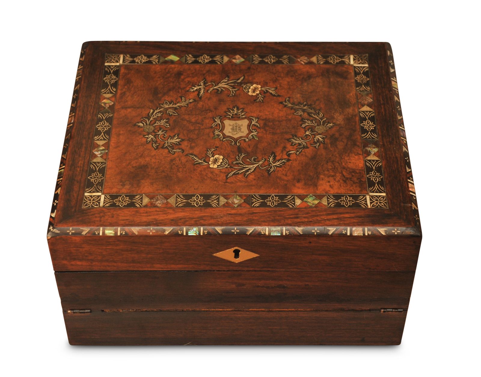Elegant 19th Century Victorian Flame Mahogany Decorative Inlaid Fitted Writing Slope With Black Ebonised Accents & A Tooled Leather Interior
