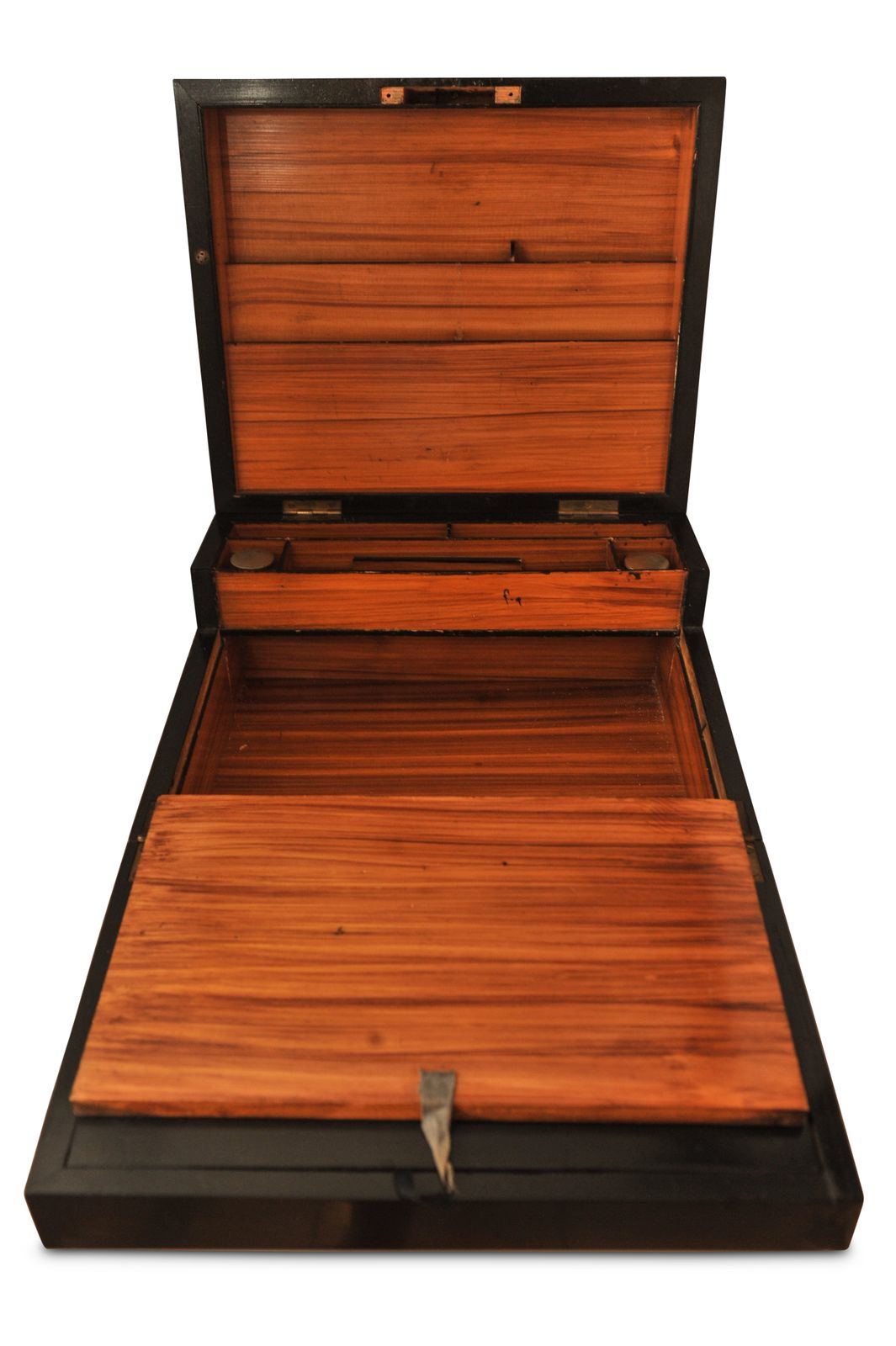 2830.0 Elegant 19th Century Victorian Flame Mahogany Decorative Inlaid Fitted Writing Slope With Black Ebonised Accents & A Tooled Leather Interior photo