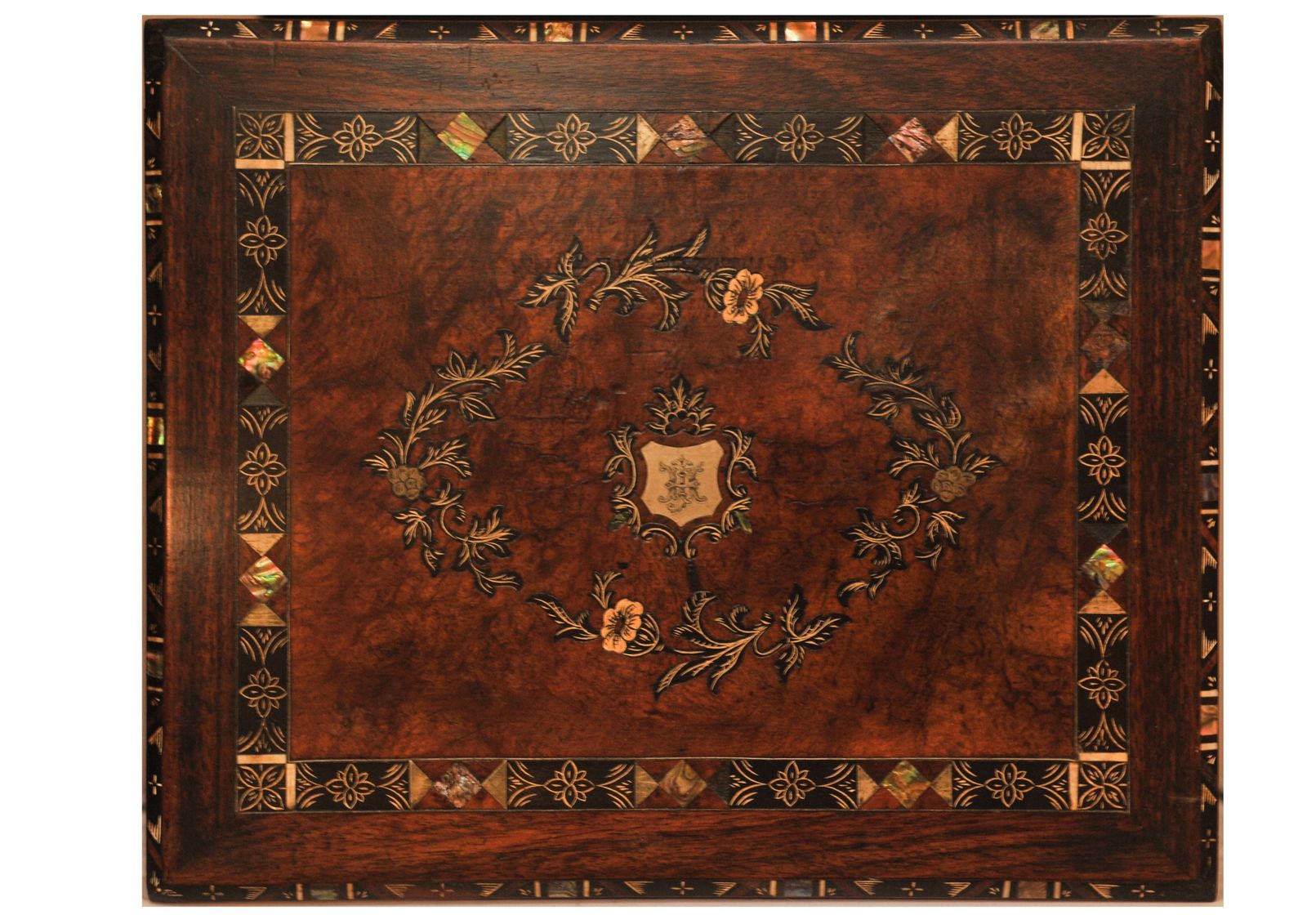 Elegant 19th Century Victorian Flame Mahogany Decorative Inlaid Fitted Writing Slope With Black Ebonised Accents & A Tooled Leather Interior photo for sale
