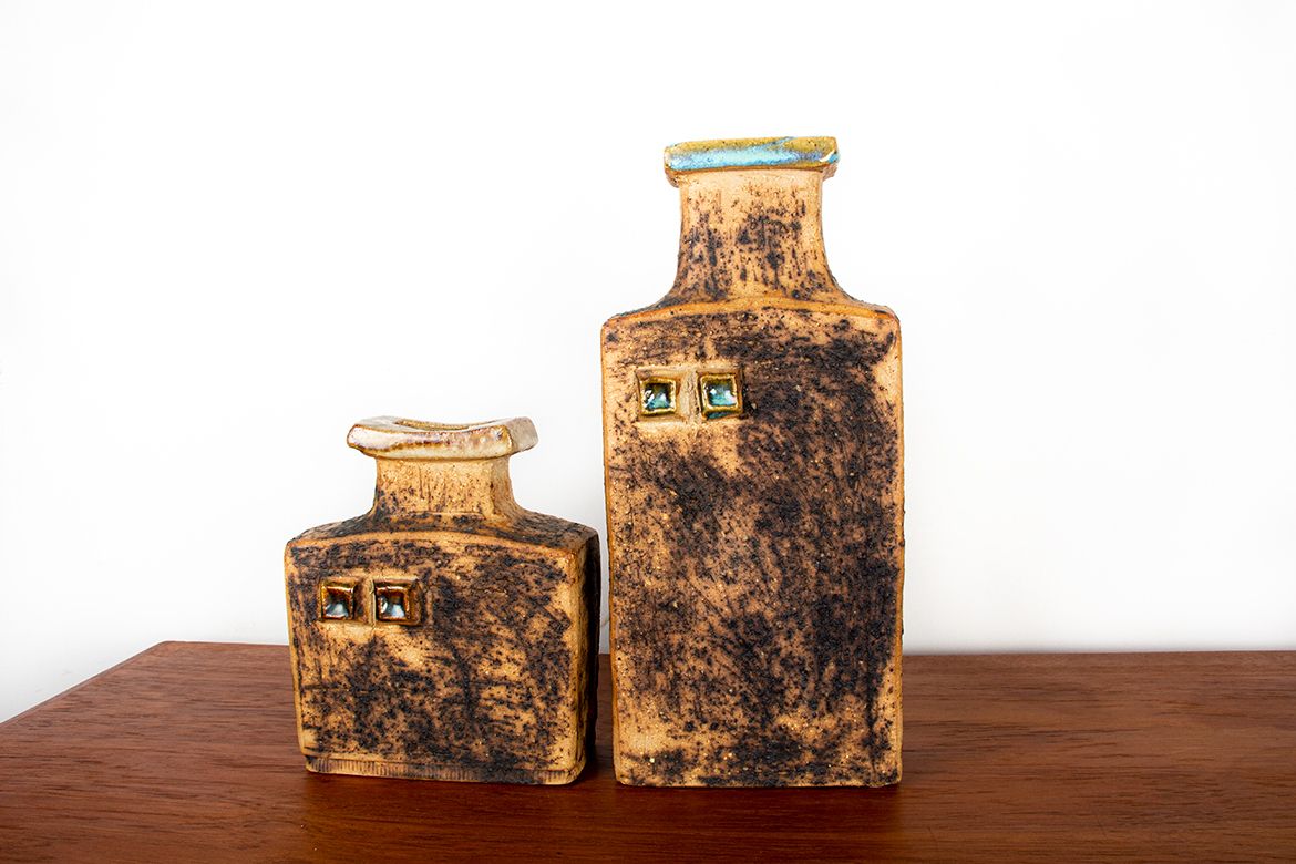 Pair Of Swedish Brutalist Style Stoneware Vases With Glazed Collar By Curt Magnus Addin 1960. photo for sale