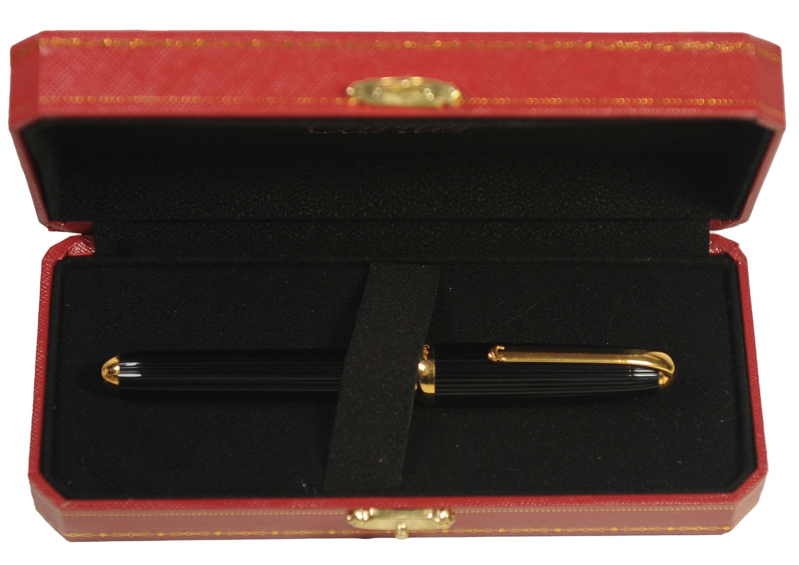 Cartier 18ct Gold Nib Louis Black Godron Ribbed Fountain Pen With Cartier Box, Finished With An Onyx Cabochon photo buy