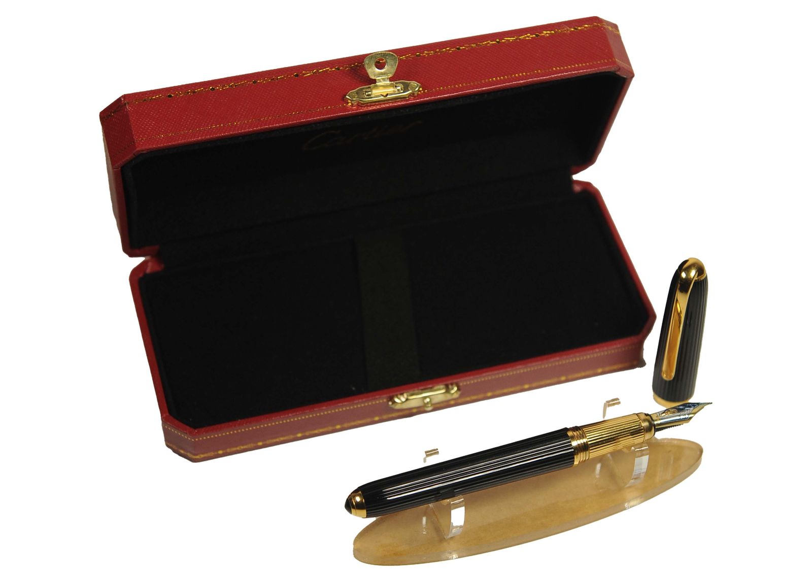 Home Decor Cartier 18ct Gold Nib Louis Black Godron Ribbed Fountain Pen With Cartier Box, Finished With An Onyx Cabochon photo