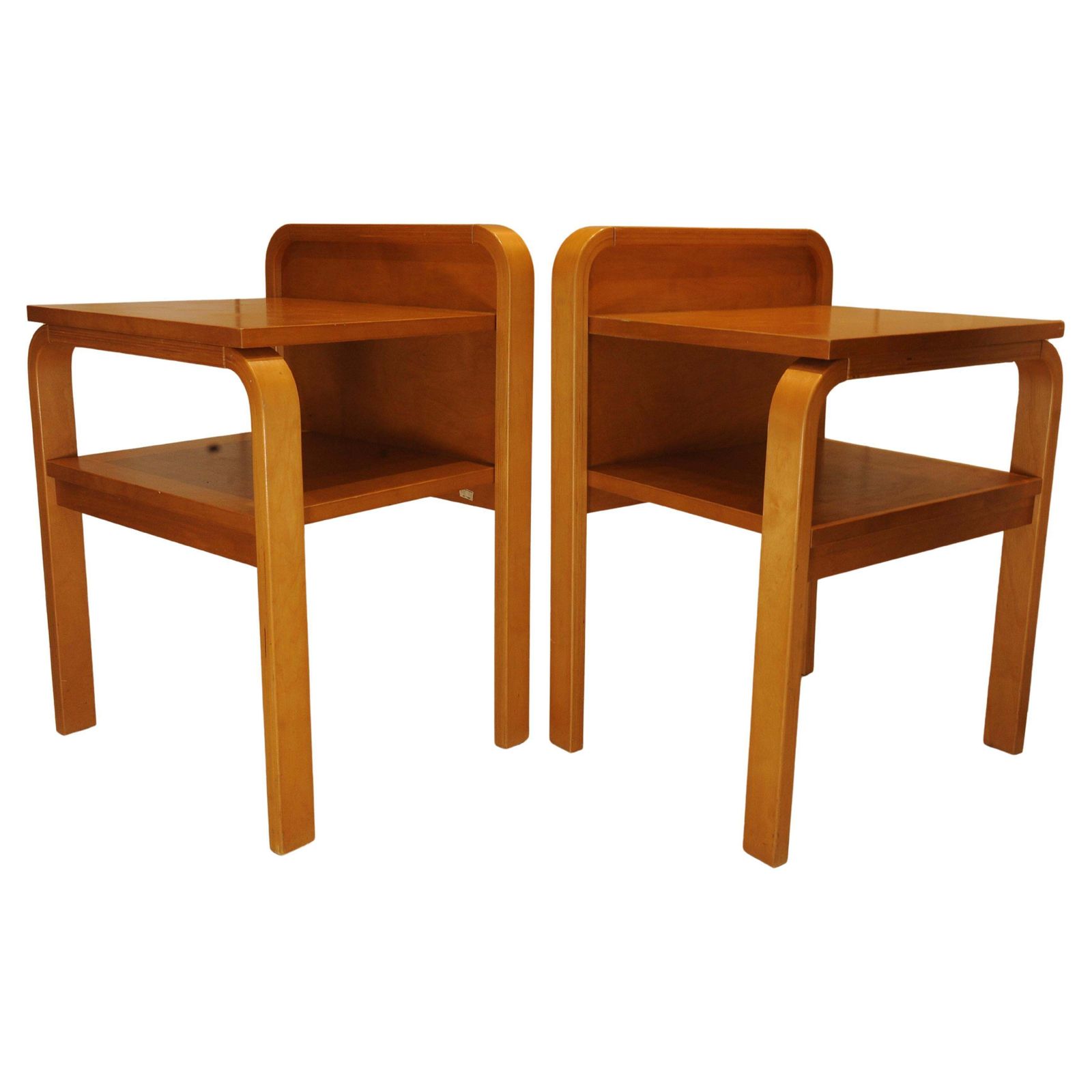A Pair Of Original Isku Oy Of Finland Bent Plywood Birch Bedside Tables With Maker's Labels 1980's Ol photo Furniture