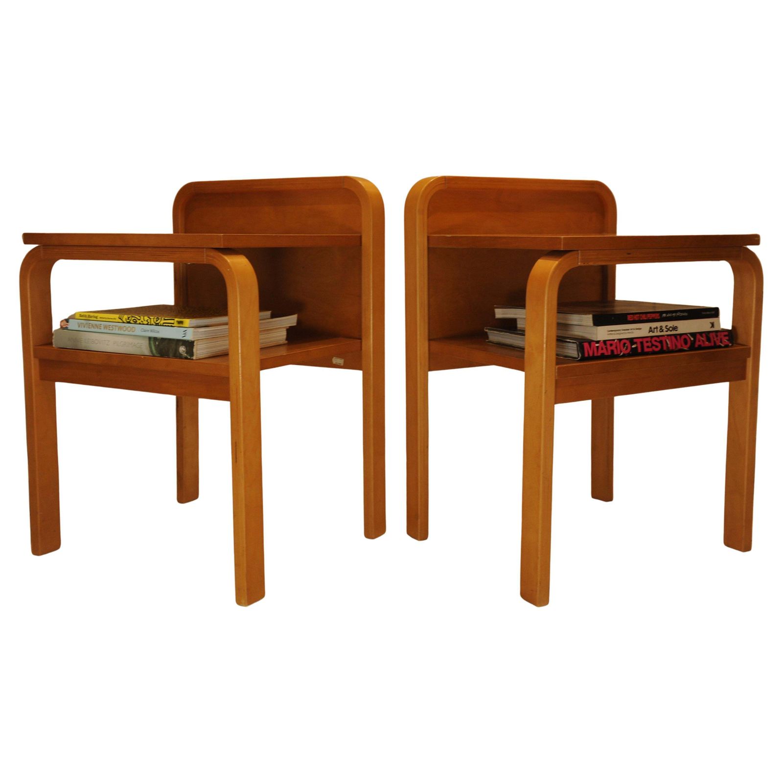A Pair Of Original Isku Oy Of Finland Bent Plywood Birch Bedside Tables With Maker's Labels 1980's Ol photo 3120.0