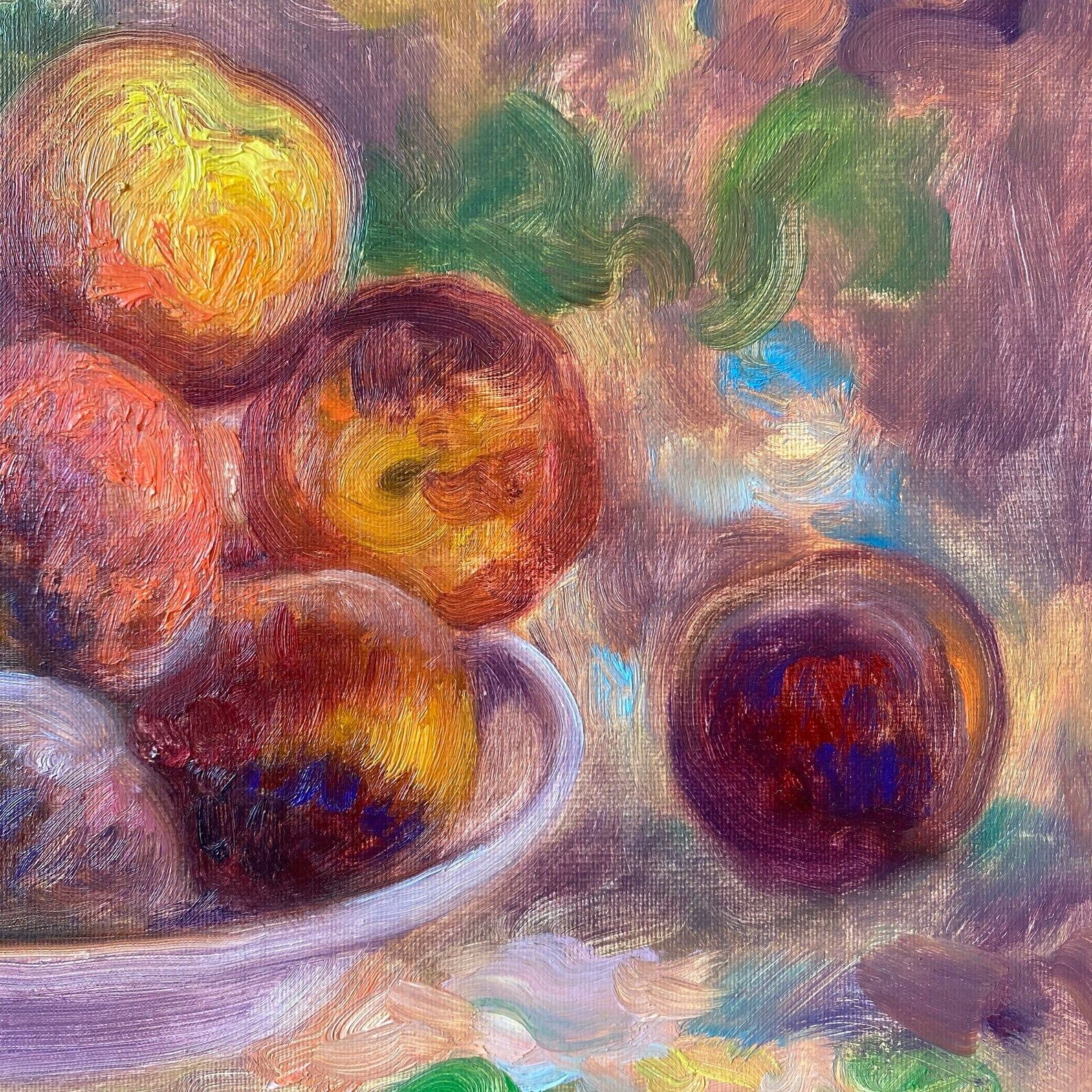 Original Oil On Canvas Still Life Painting With Peaches photo vintage