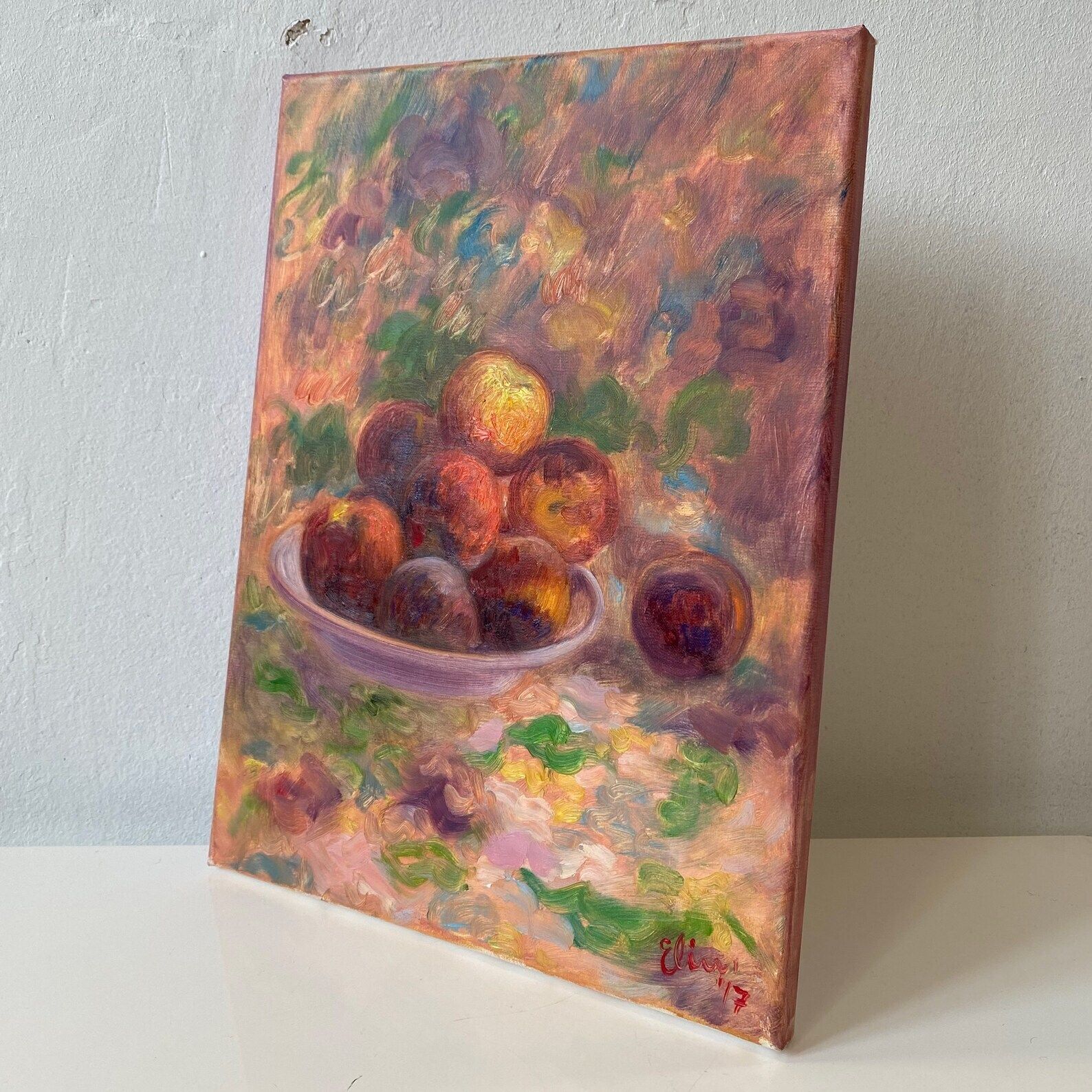 Original Oil On Canvas Still Life Painting With Peaches photo Art