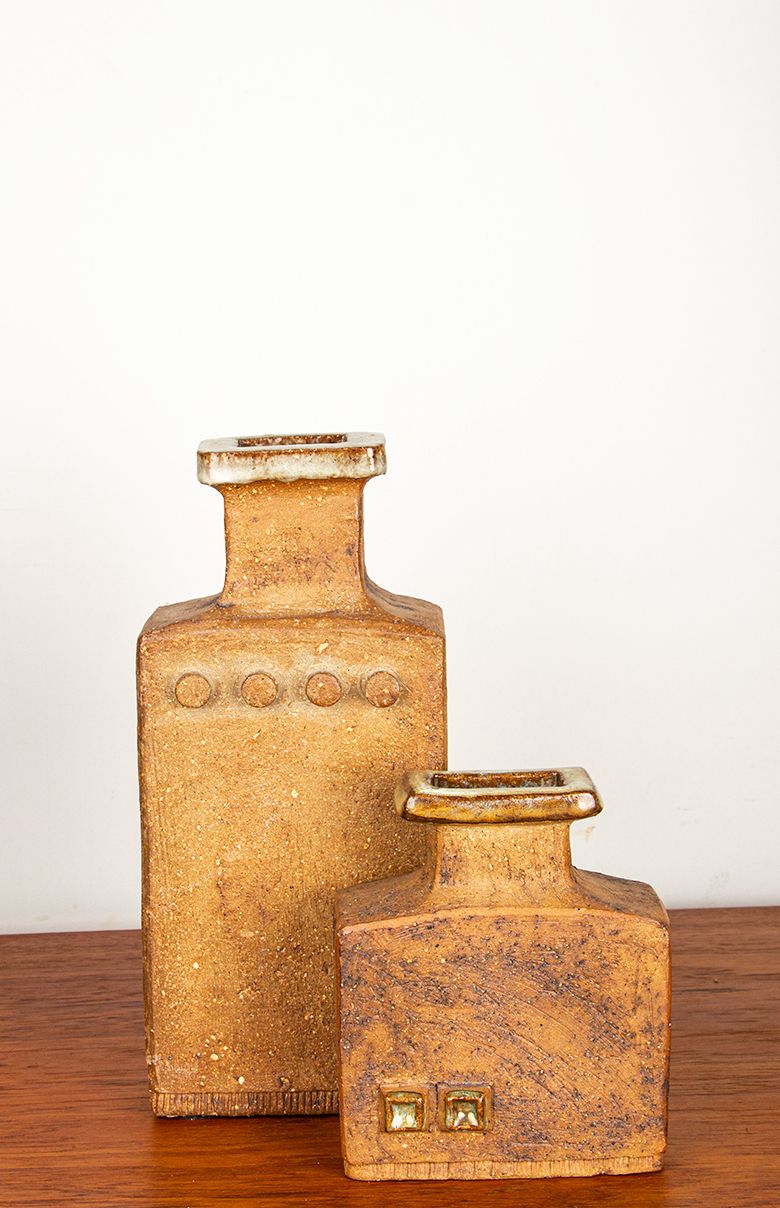 Pair Of Swedish Brutalist Style Stoneware Vases With Glazed Collar By Curt Magnus Addin 1960. photo Home Decor