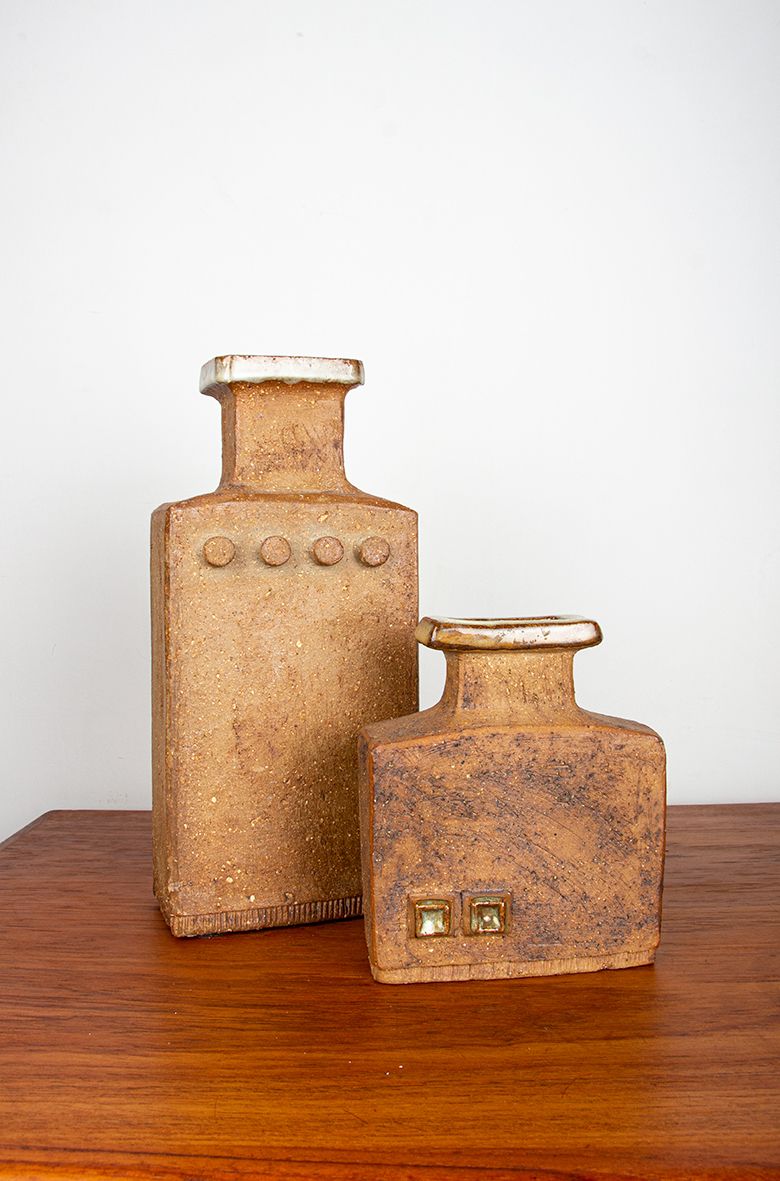 Pair Of Swedish Brutalist Style Stoneware Vases With Glazed Collar By Curt Magnus Addin 1960. photo vintage