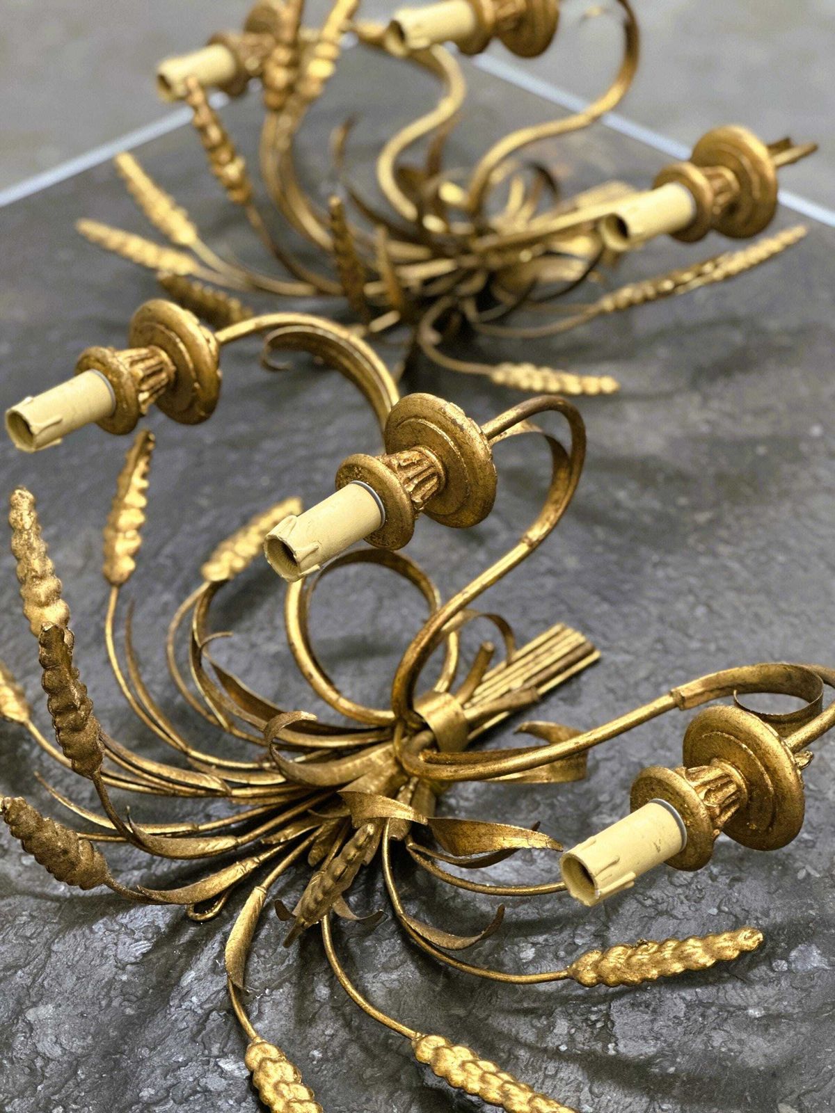 Pair Of Italian Gilt Metal Wheat Sheaf Wall Sconces, 1950s photo furniture