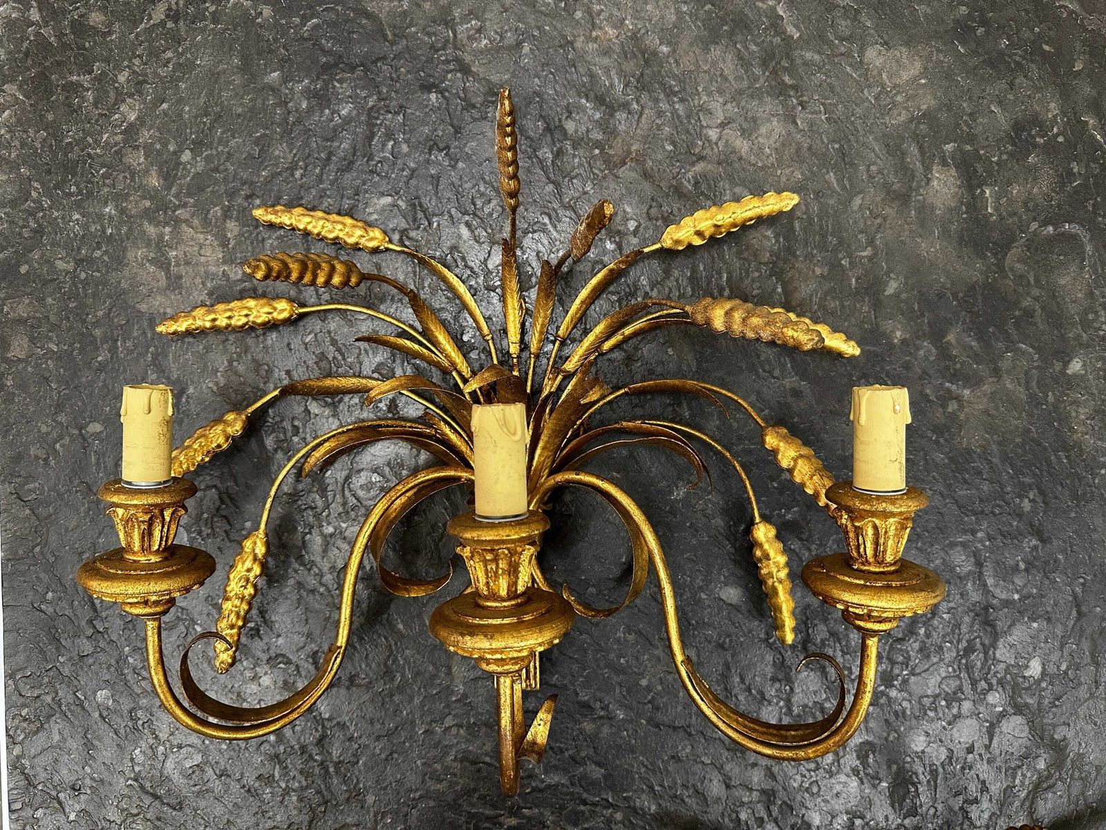 Pair Of Italian Gilt Metal Wheat Sheaf Wall Sconces, 1950s photo 692.0