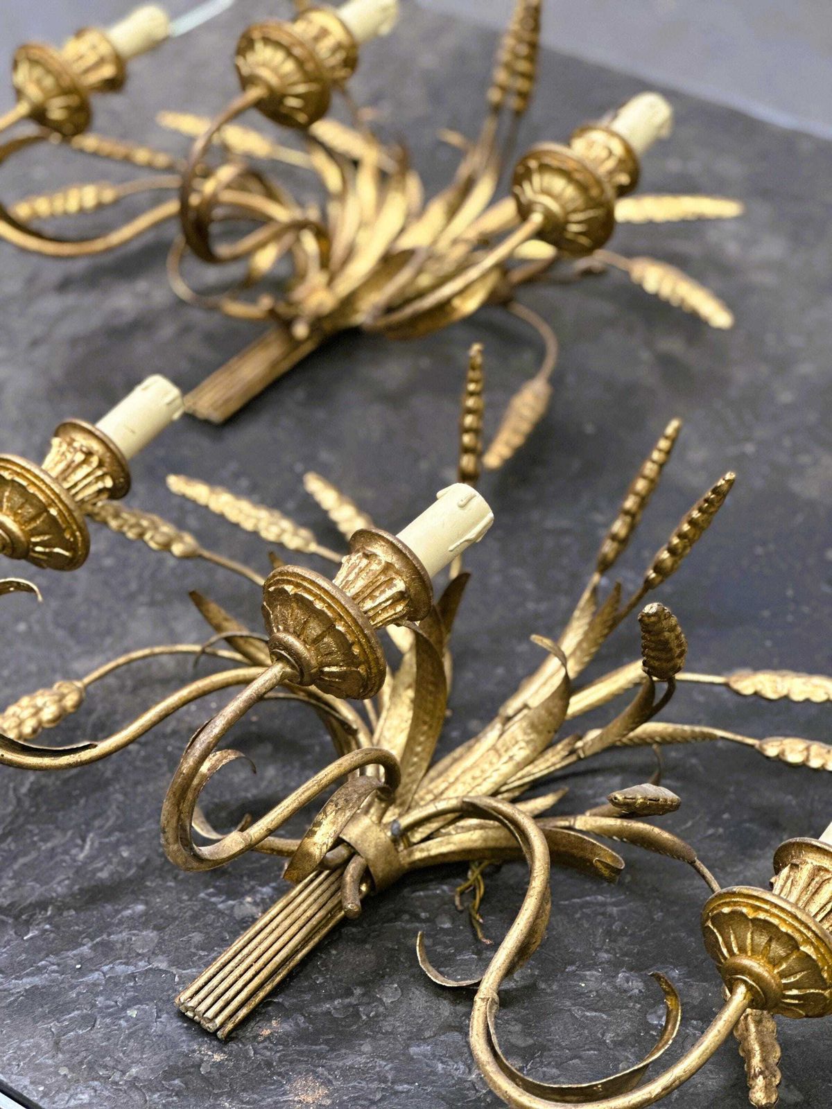 Pair Of Italian Gilt Metal Wheat Sheaf Wall Sconces, 1950s photo vinterior