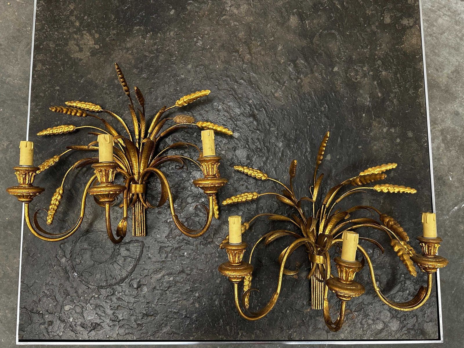 Pair Of Italian Gilt Metal Wheat Sheaf Wall Sconces, 1950s photo vintage