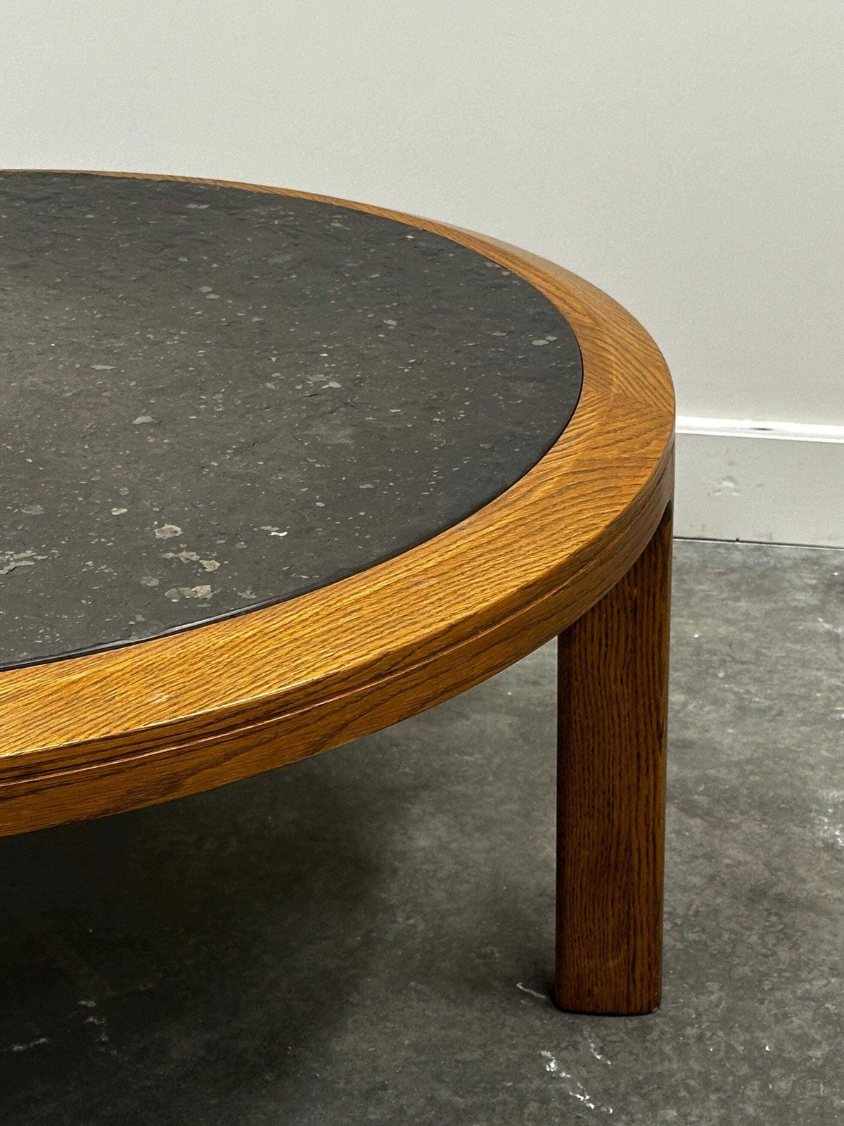 Vintage Round Textured Slate And Solid Oak Coffee Table, France, 1970s photo furniture