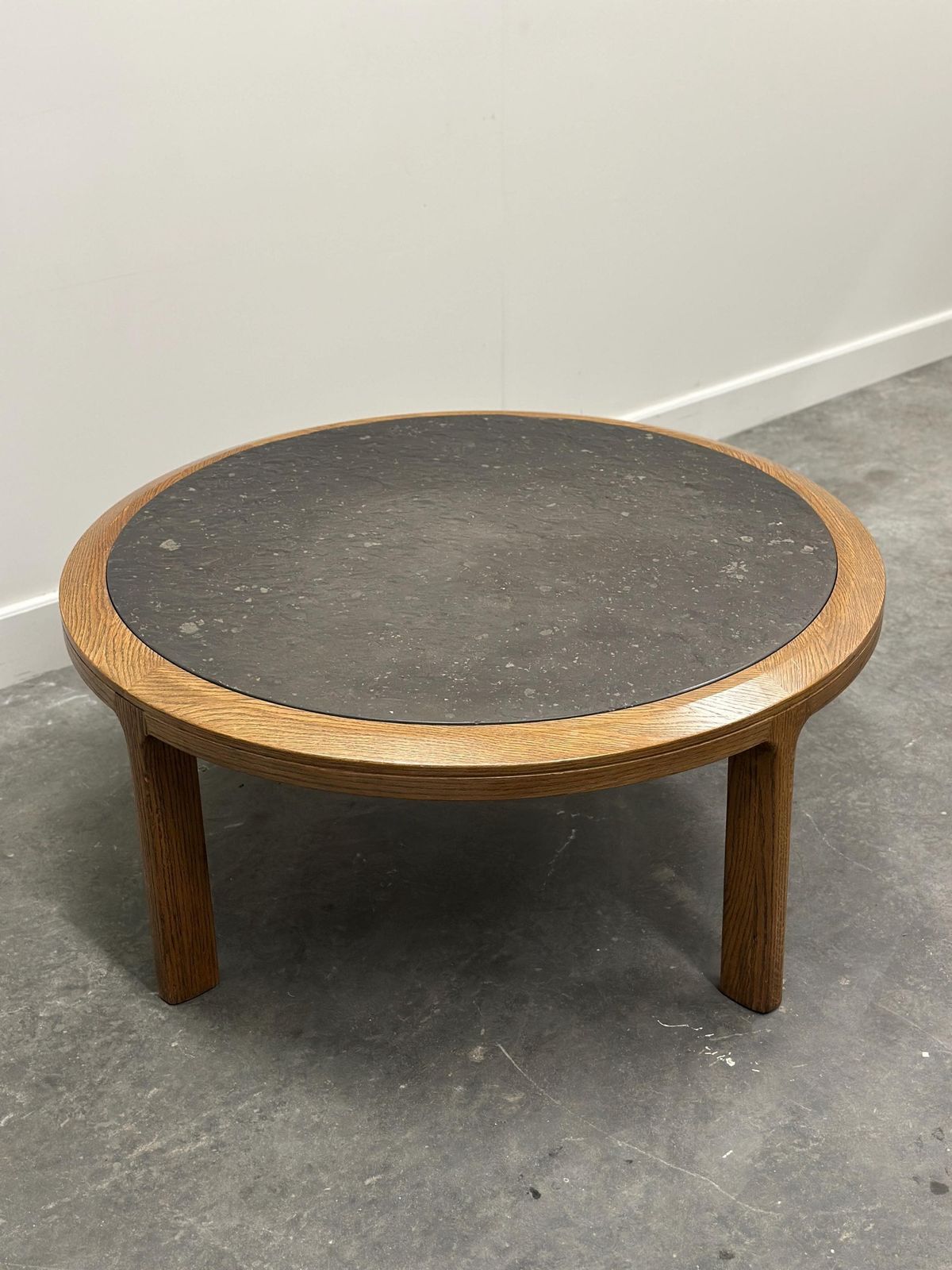 Vintage Round Textured Slate And Solid Oak Coffee Table, France, 1970s photo buy