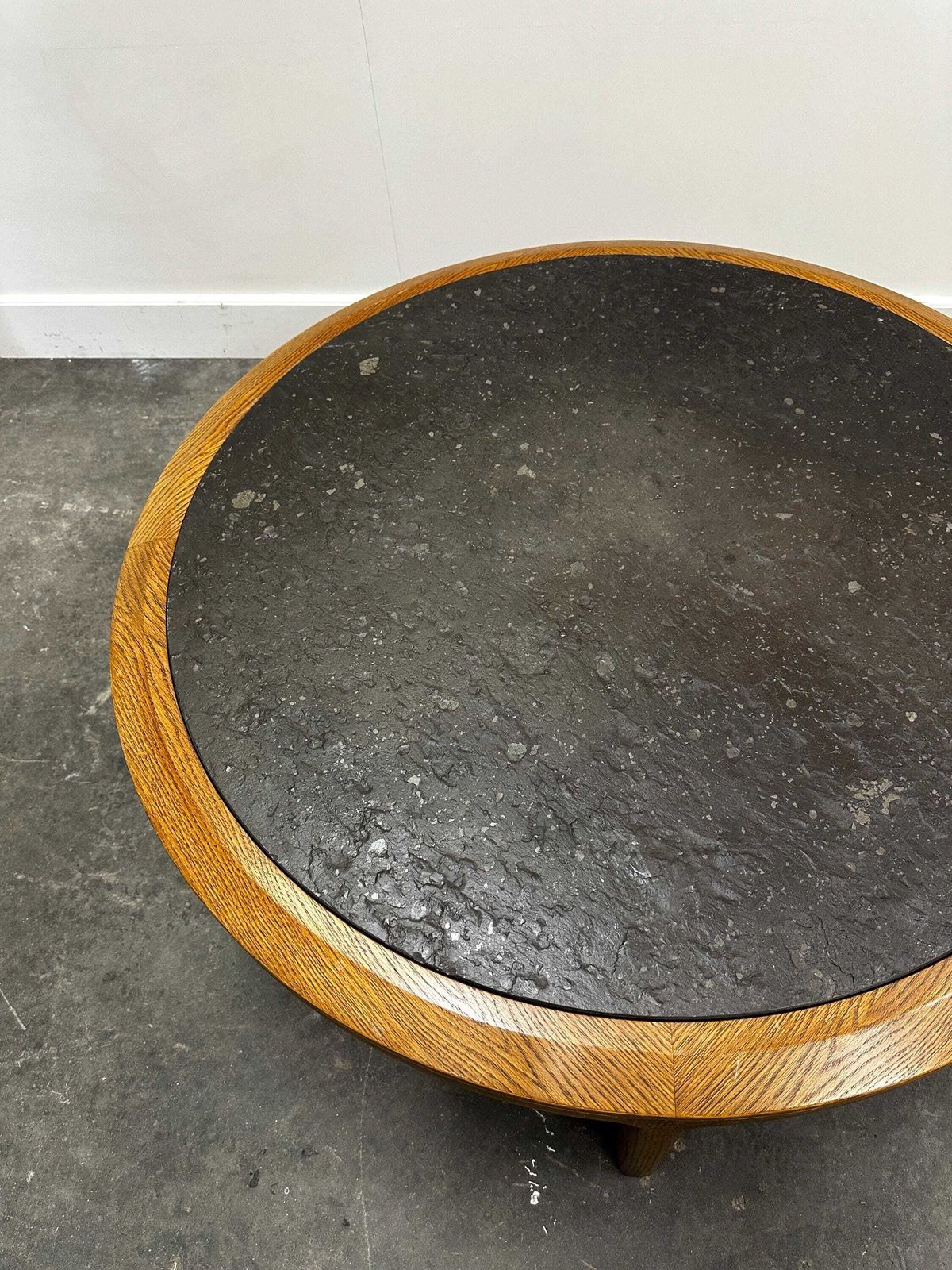 Vintage Round Textured Slate And Solid Oak Coffee Table, France, 1970s photo vintage