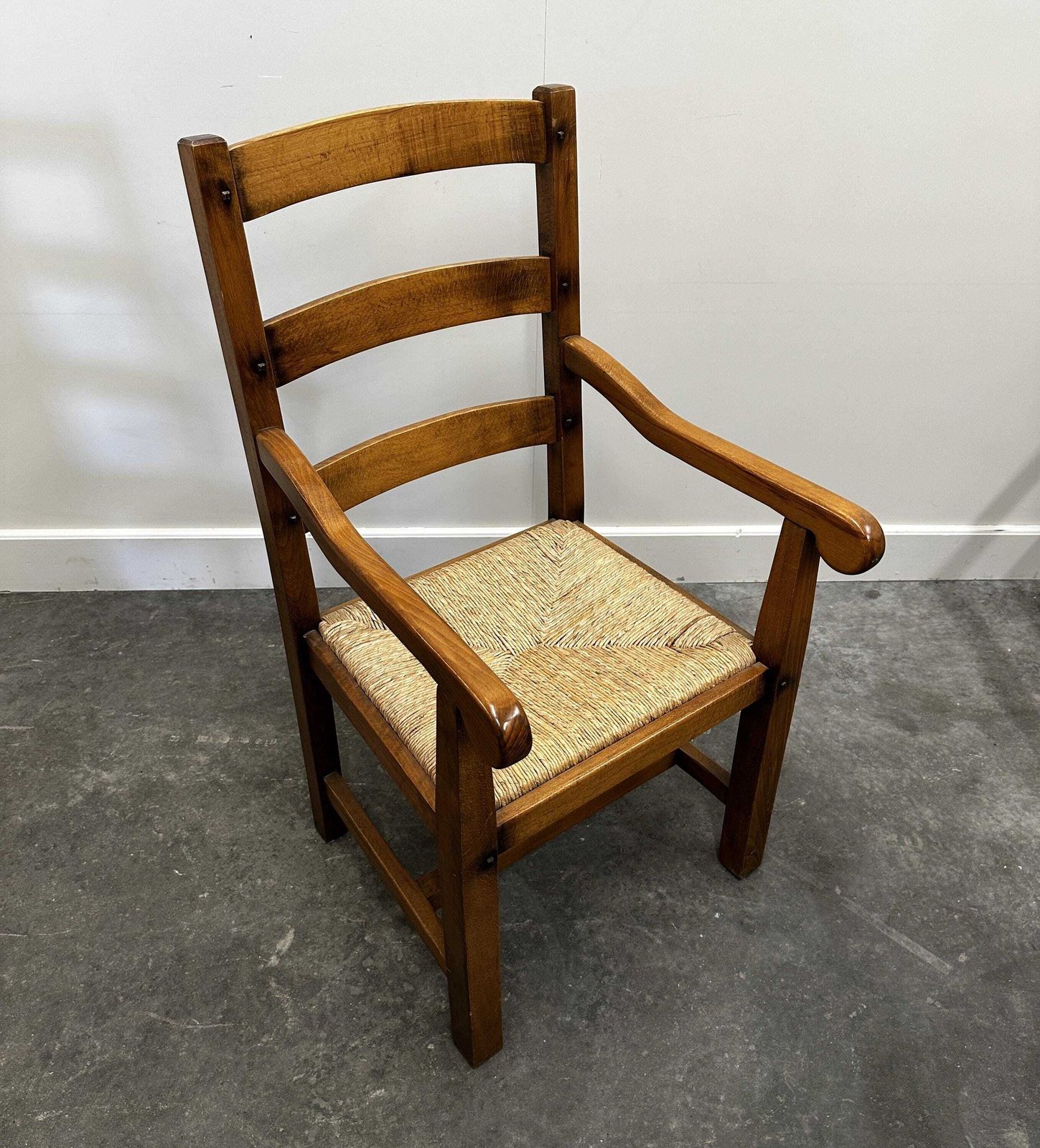 Set Of 5 Large French Oak Dining Armchairs With Rush Seats, 1970s photo for sale