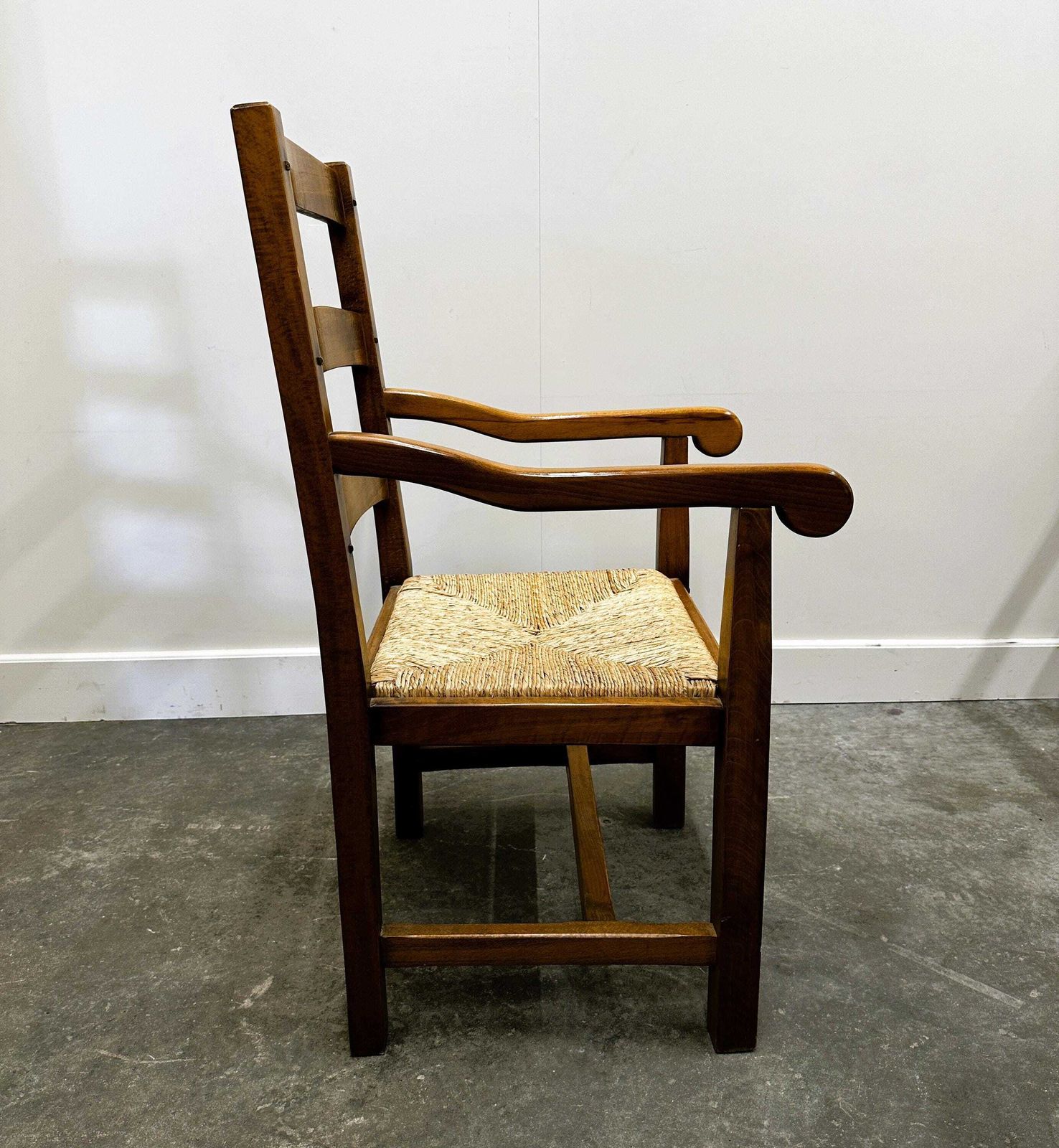 Set Of 5 Large French Oak Dining Armchairs With Rush Seats, 1970s photo vintage