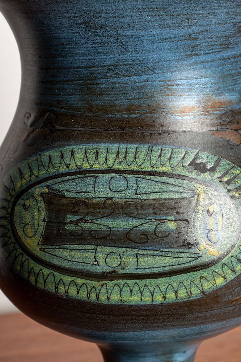 Vase moderniste Vallauris en céramique émaillée bleue et verte, par Jean de Lespinasse, 1950. photo buy