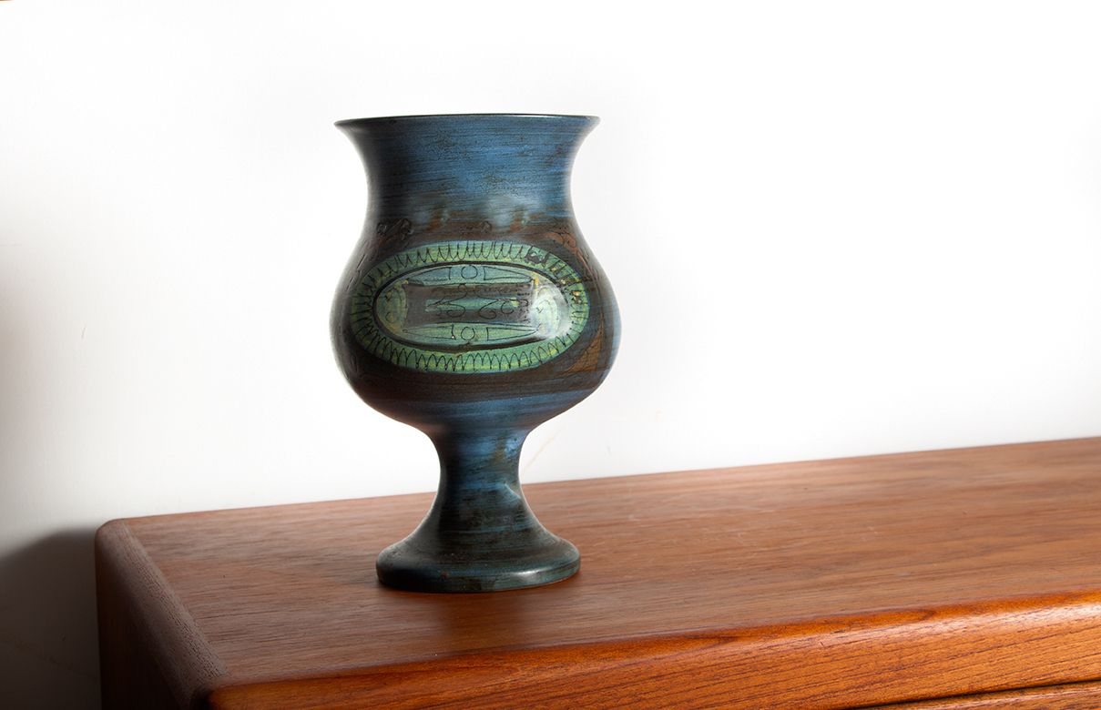 Vallauris, Modernist Vase In Blue And Green Glazed Ceramic By Jean De Lespinasse 1950.