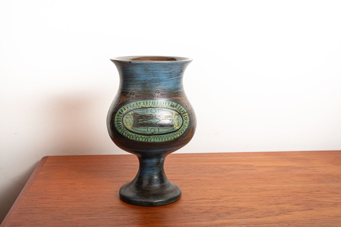 photo for sale Vallauris, Modernist Vase In Blue And Green Glazed Ceramic By Jean De Lespinasse 1950.