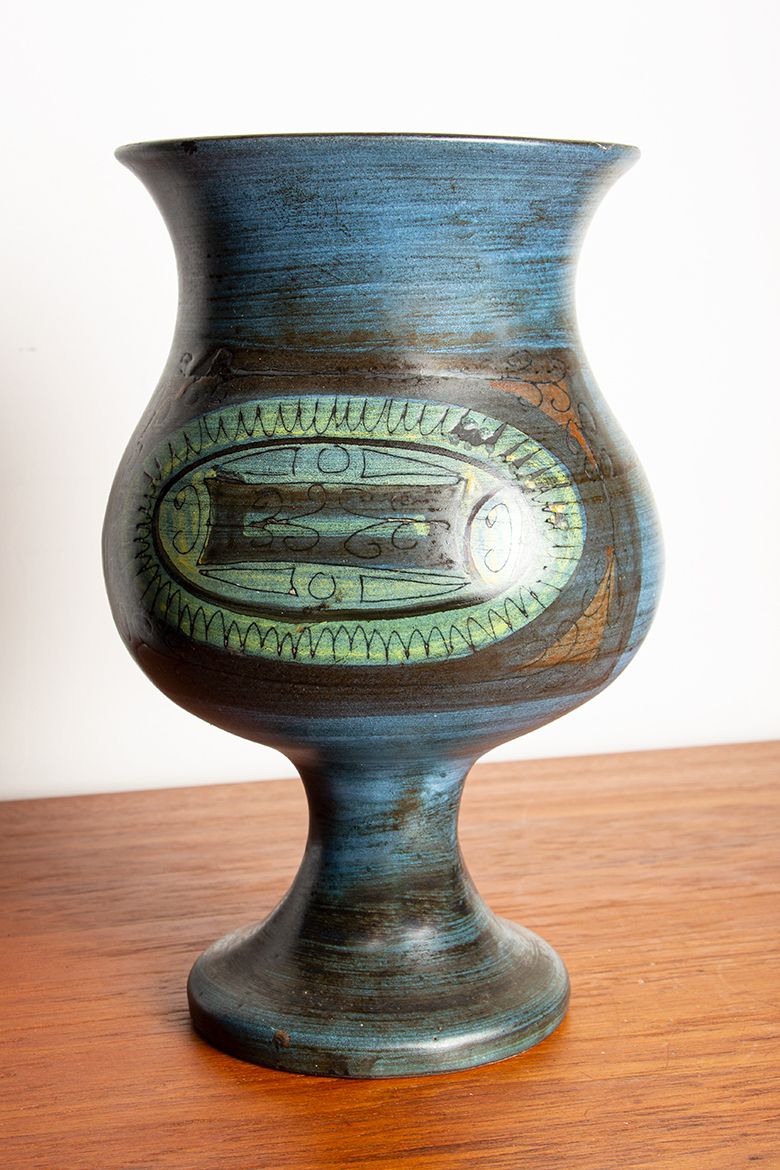 Home Decor Vallauris, Modernist Vase In Blue And Green Glazed Ceramic By Jean De Lespinasse 1950. photo