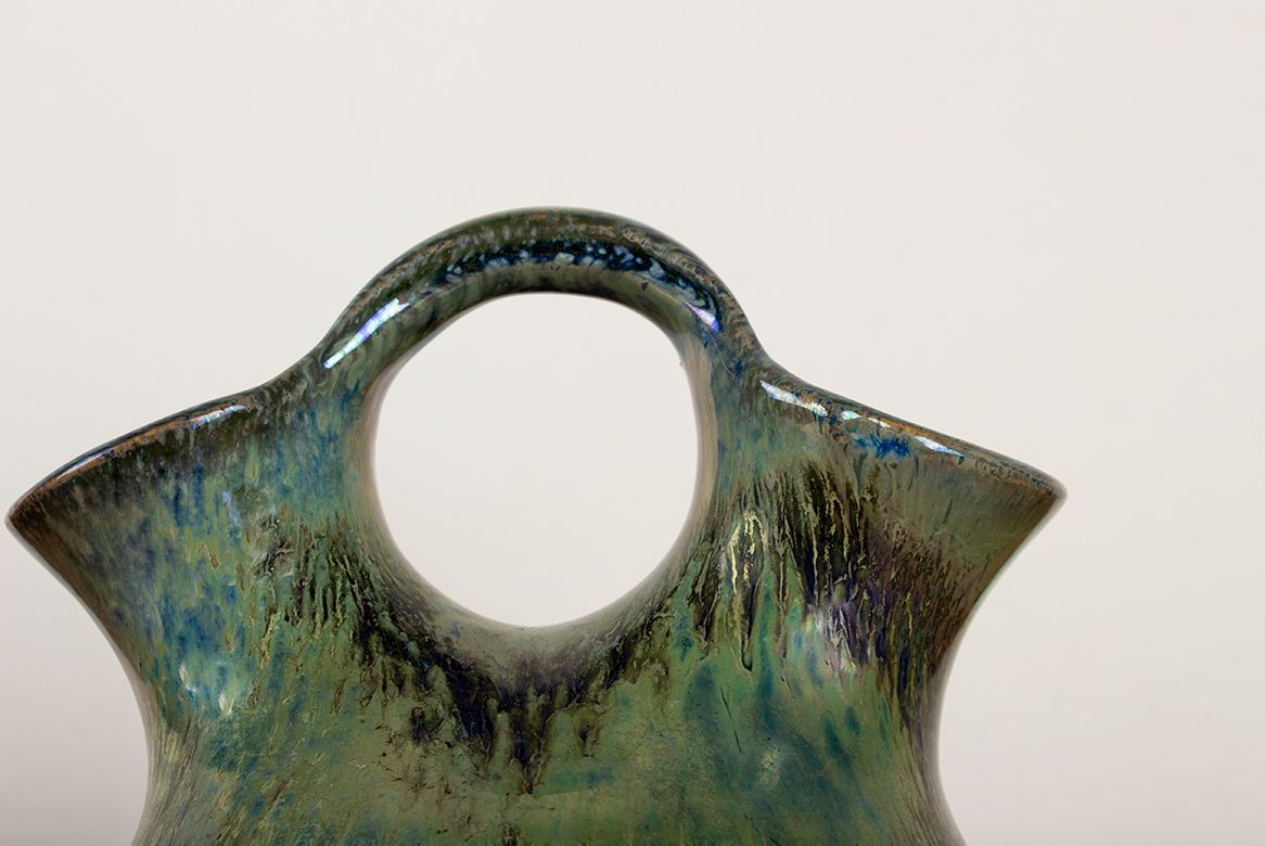 Vase double col Art déco en grès flammé irisé vert, par Alphonse Cytère, 1920. photo for sale