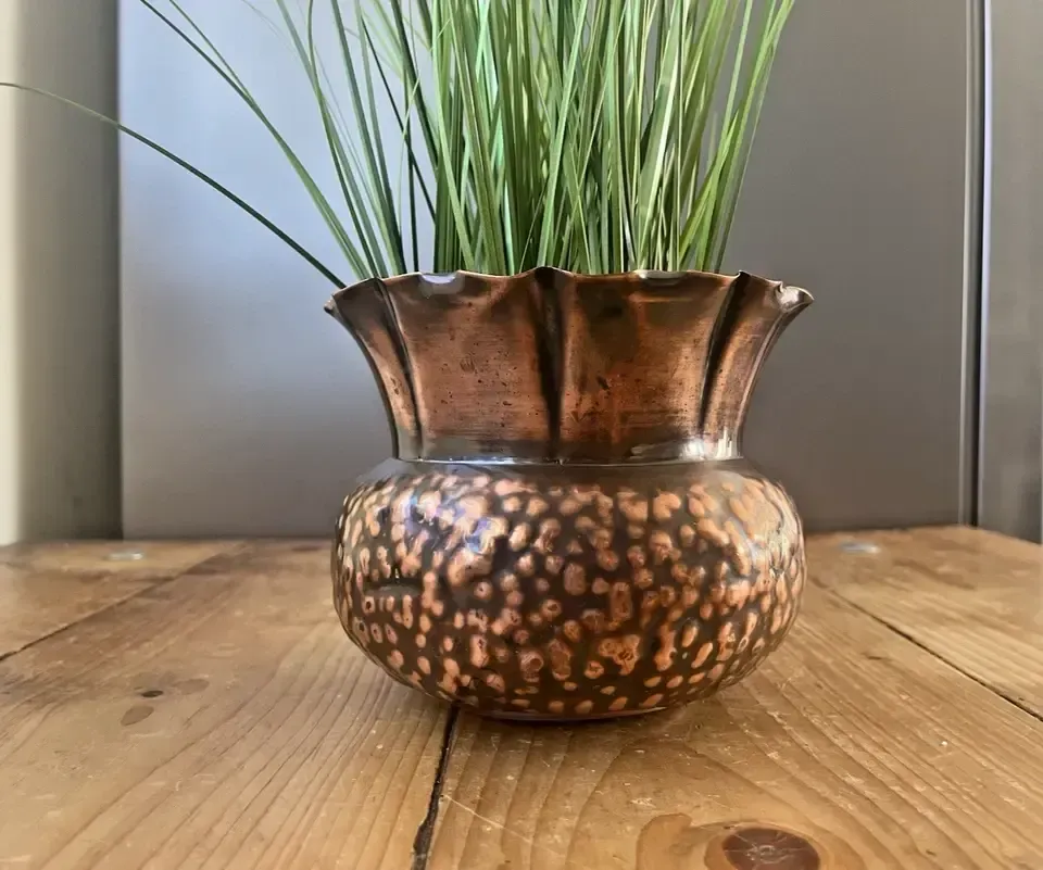 Antique Arts & Crafts Textured Beaten Repousse Copper Fluted Planter Plant Pot photo buy