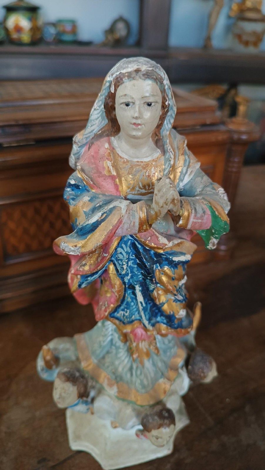 Antique Small Wooden Sculpture, Immaculate Madonna South America 19th Century photo for sale