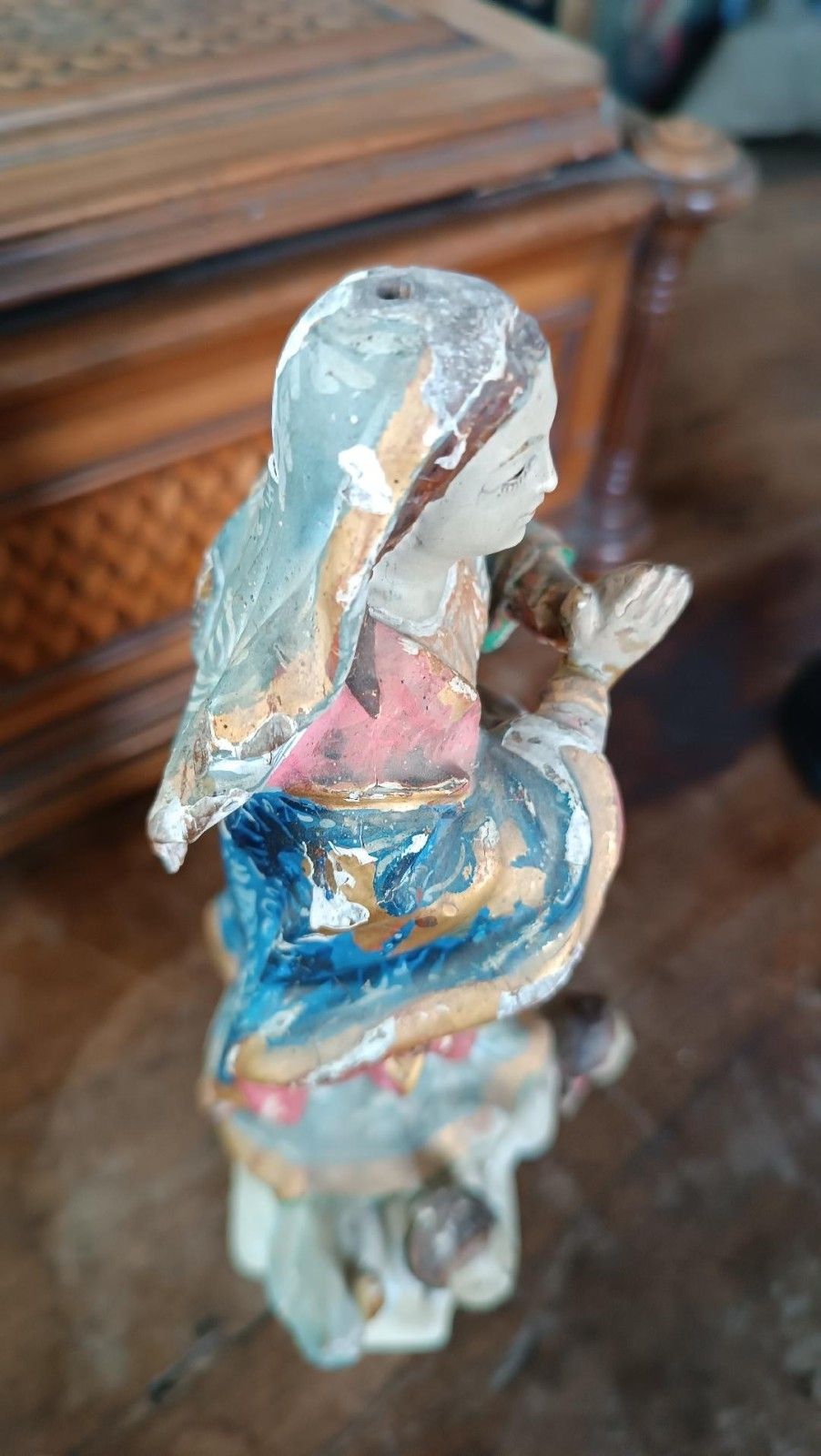 photo furniture Antique Small Wooden Sculpture, Immaculate Madonna South America 19th Century