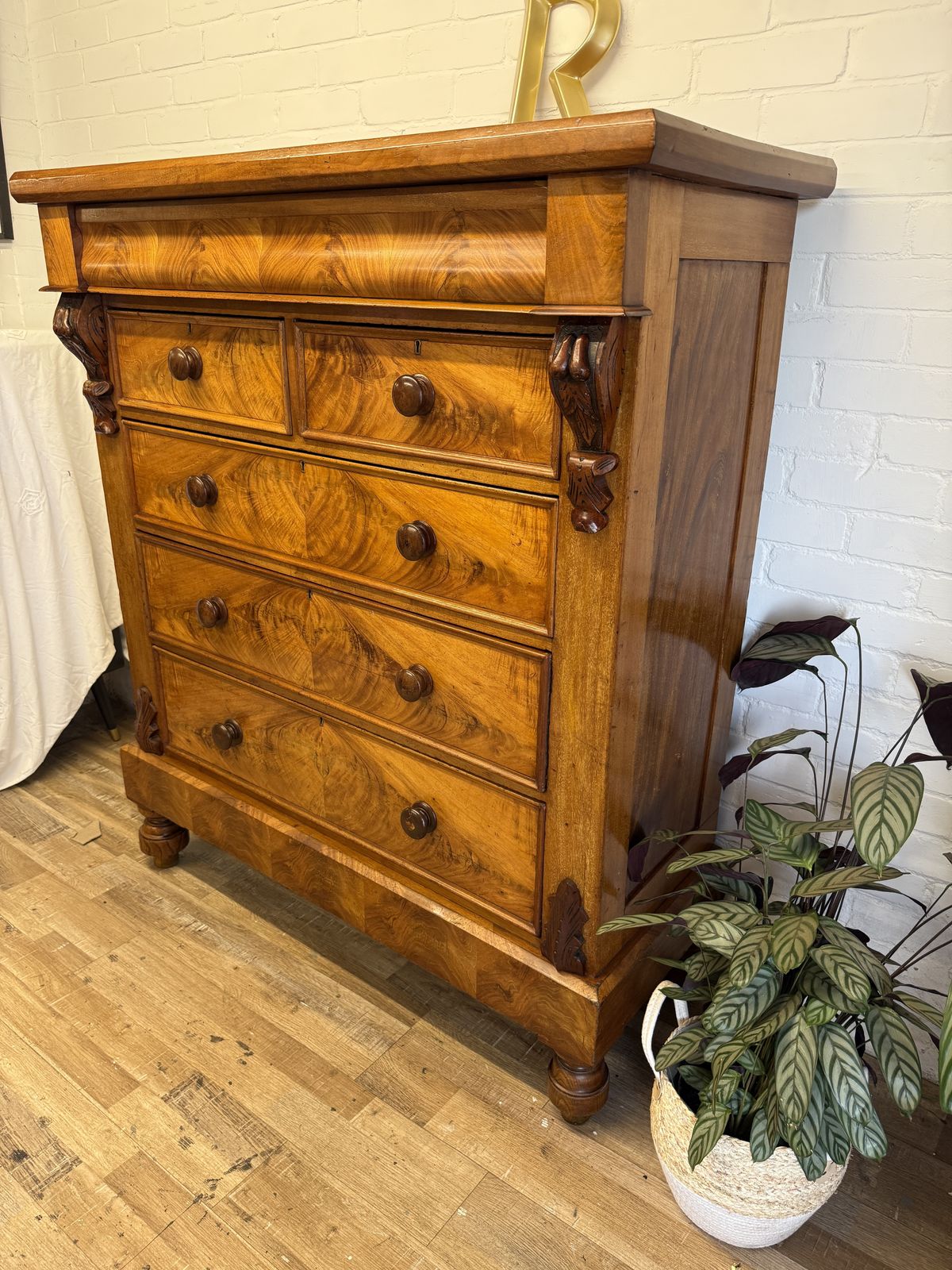 Edwardian Flame Mahogany Chest Of Drawers With Hidden Drawer –  Dated 1902 photo vintage