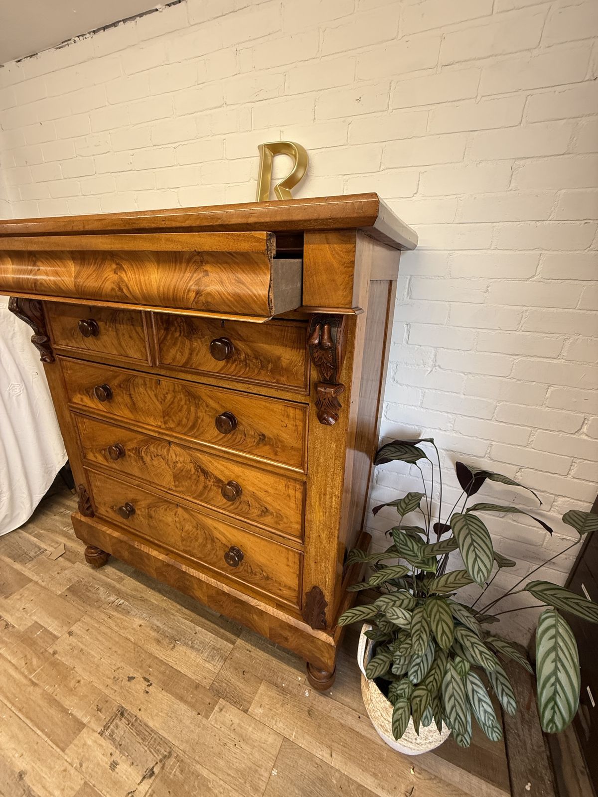 photo for sale Edwardian Flame Mahogany Chest Of Drawers With Hidden Drawer –  Dated 1902