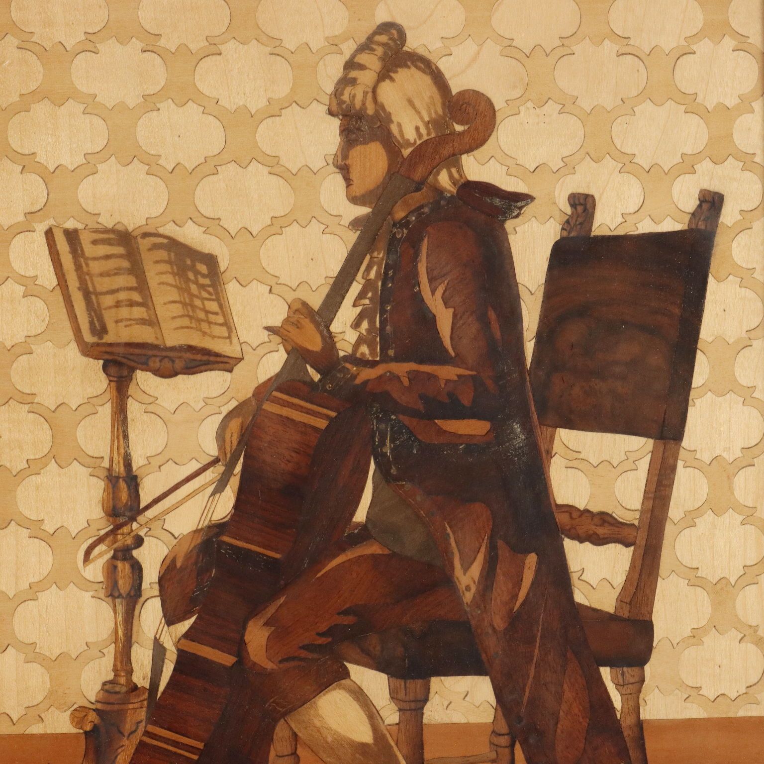 The Cellist Inlay Painting Signed Francesco Ferrario Italy 1930 Ca. photo Art