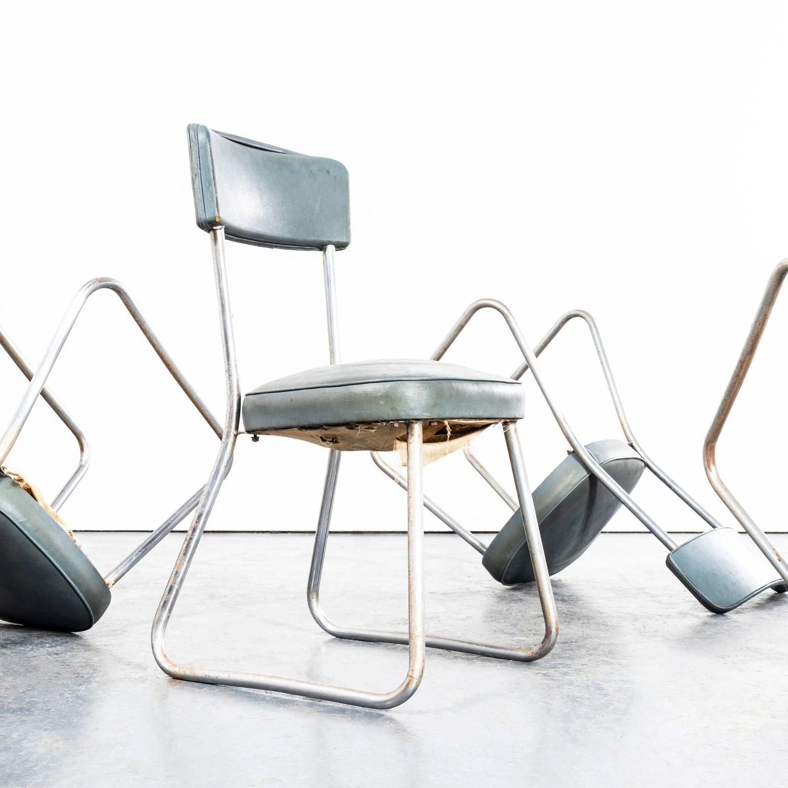 1950’s French Duck Egg Blue Upholstered Dining Chairs By Roneo – Set Of Four photo Furniture