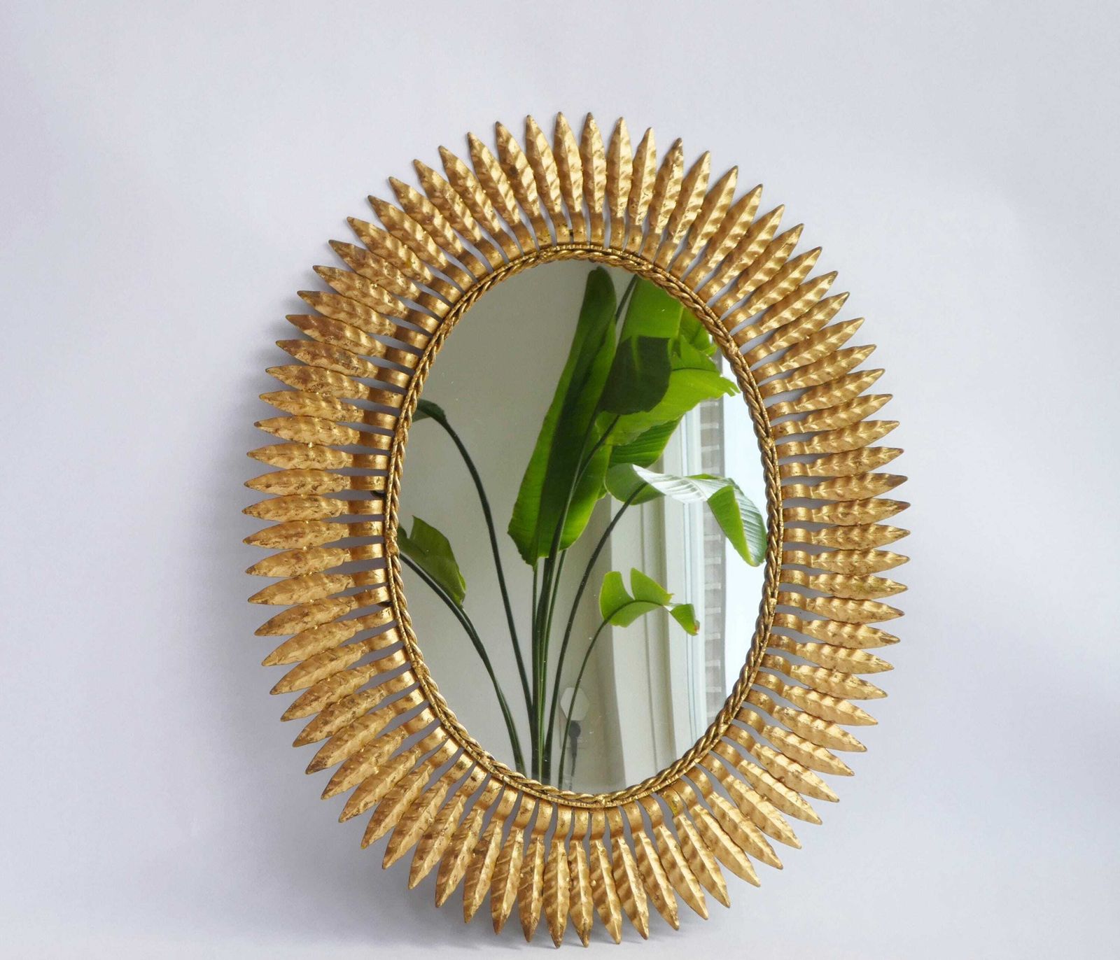 Large Oval Metal Gold Gilt Sun Mirror, Vintage Italian Sunburst Wall Mirror, Framed Wall Decoration photo furniture