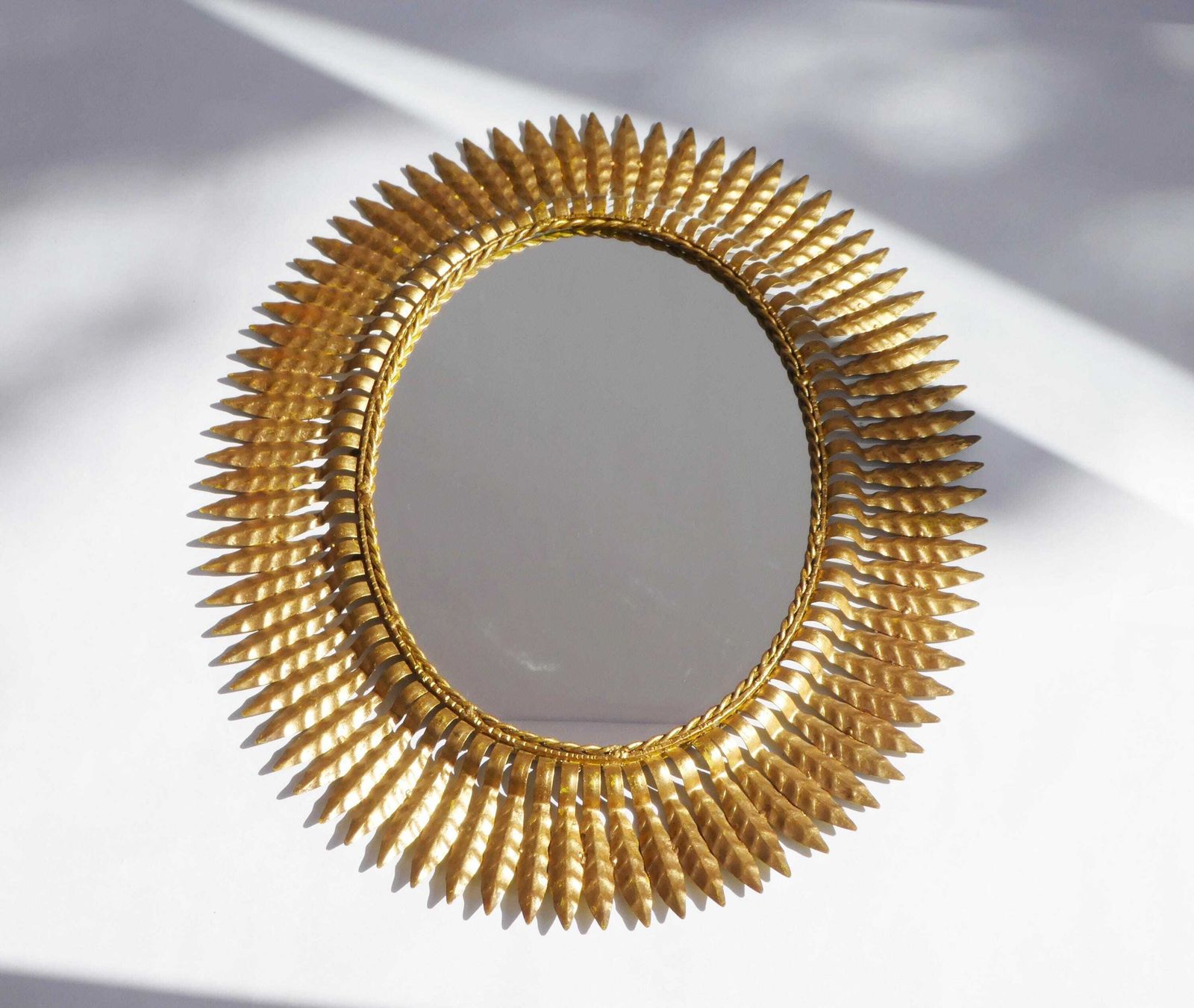 Large Oval Metal Gold Gilt Sun Mirror, Vintage Italian Sunburst Wall Mirror, Framed Wall Decoration photo for sale