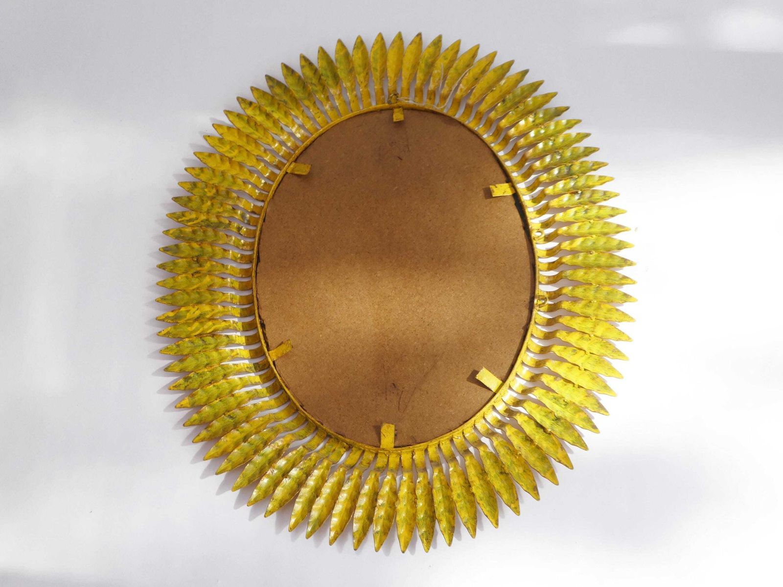 photo for sale Large Oval Metal Gold Gilt Sun Mirror, Vintage Italian Sunburst Wall Mirror, Framed Wall Decoration