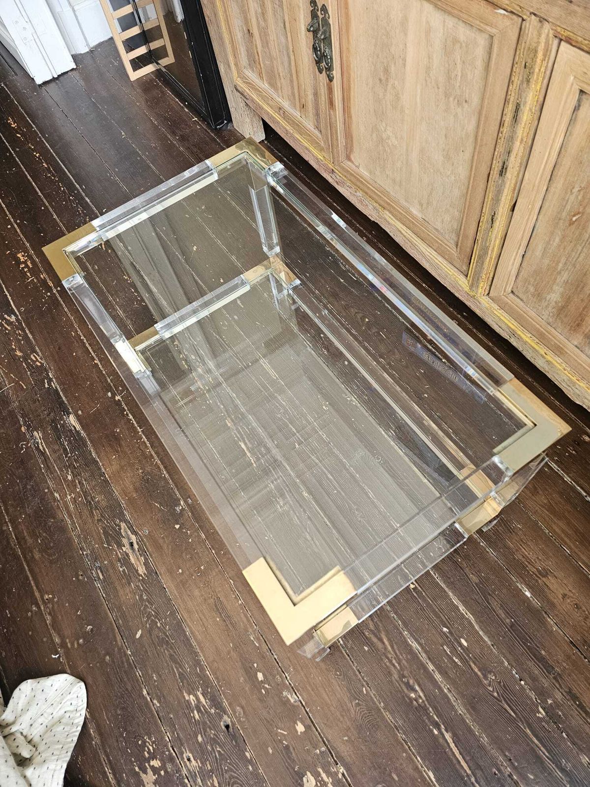 Glass, Lucite & Brass Coffee Table, 1970s, Charles Hollis Jones Style photo buy
