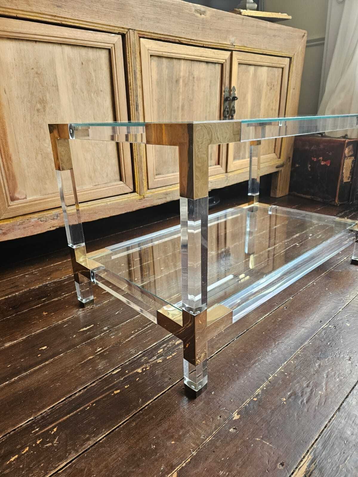 Glass, Lucite & Brass Coffee Table, 1970s, Charles Hollis Jones Style photo for sale