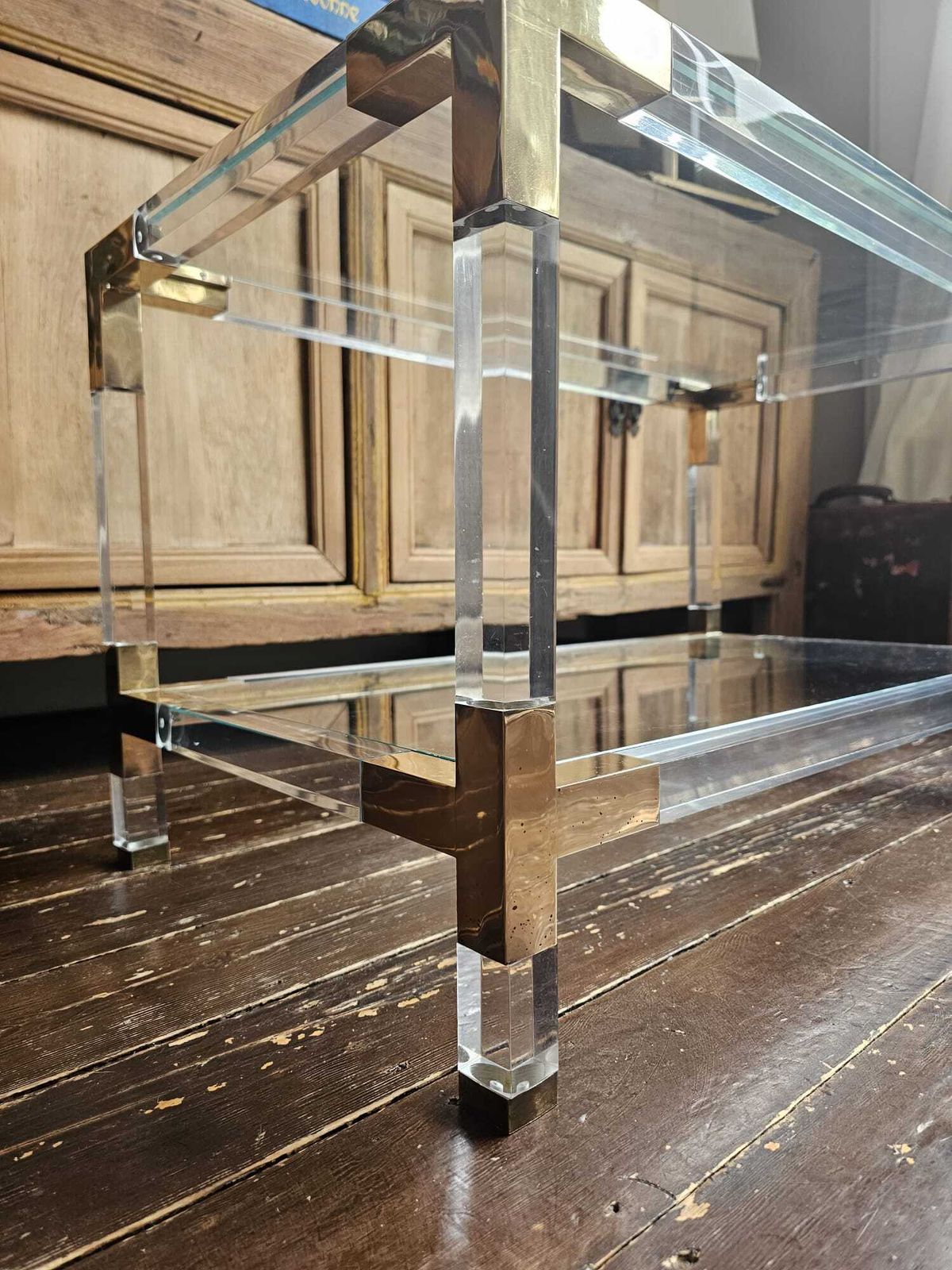 Glass, Lucite & Brass Coffee Table, 1970s, Charles Hollis Jones Style photo furniture