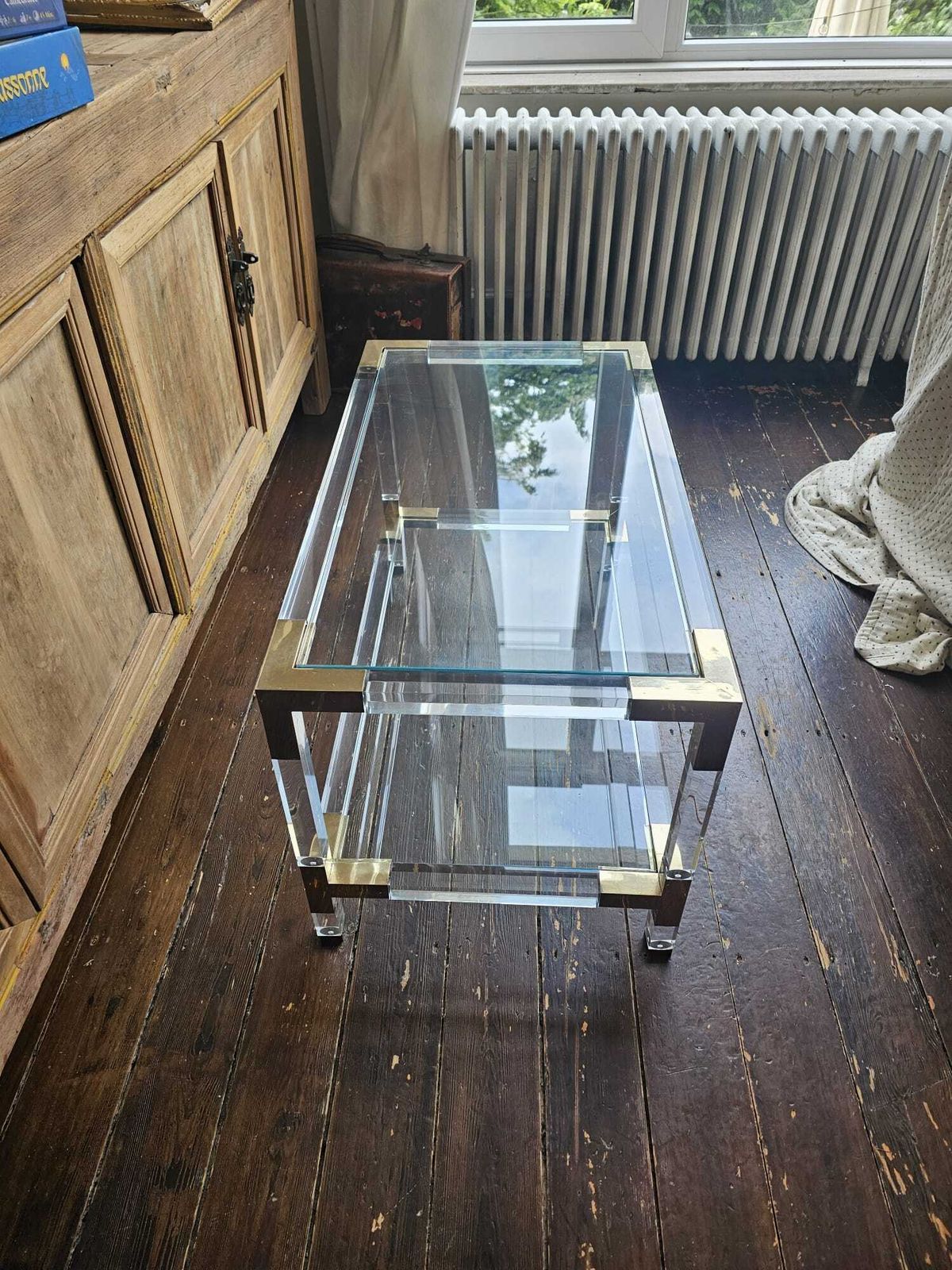 Glass, Lucite & Brass Coffee Table, 1970s, Charles Hollis Jones Style photo vintage