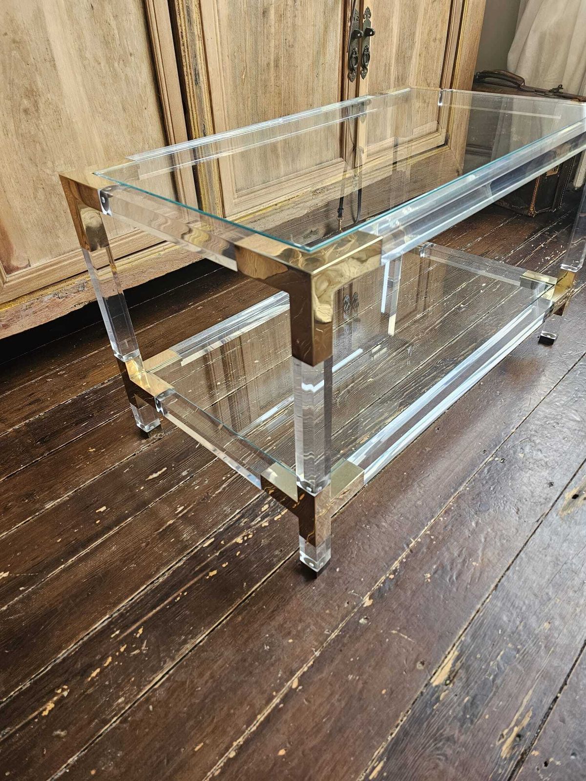 Glass, Lucite & Brass Coffee Table, 1970s, Charles Hollis Jones Style
