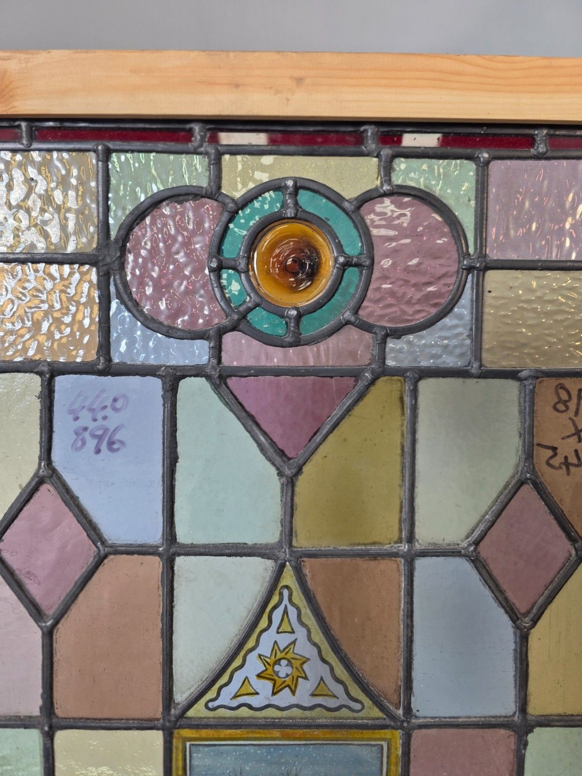Antique Leaded Glass Window With Hand Painted Winter Scene photo for sale