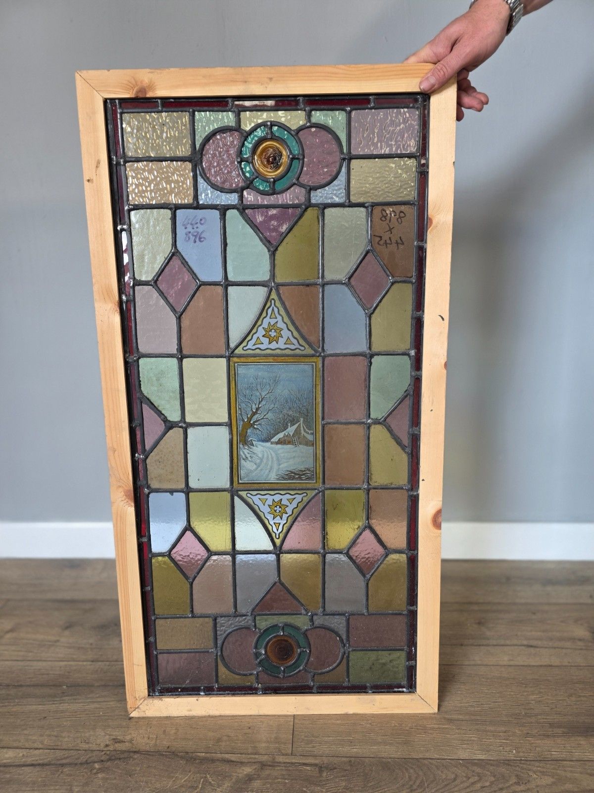 Antique Leaded Glass Window With Hand Painted Winter Scene photo 700.0